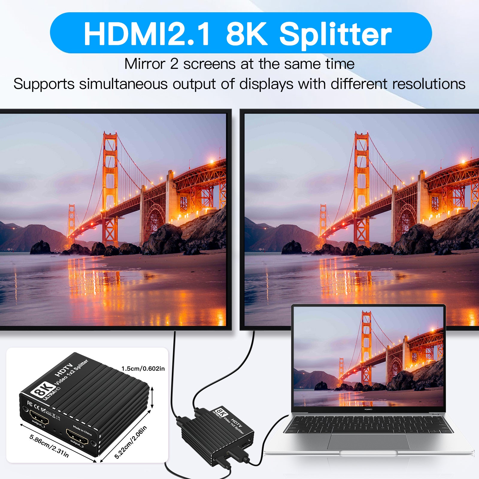 8K HDMI 1 naar 2 splitter HD2.1 8K60hz/4K120hz/1080P240hz met EDID-splitter 1x2
