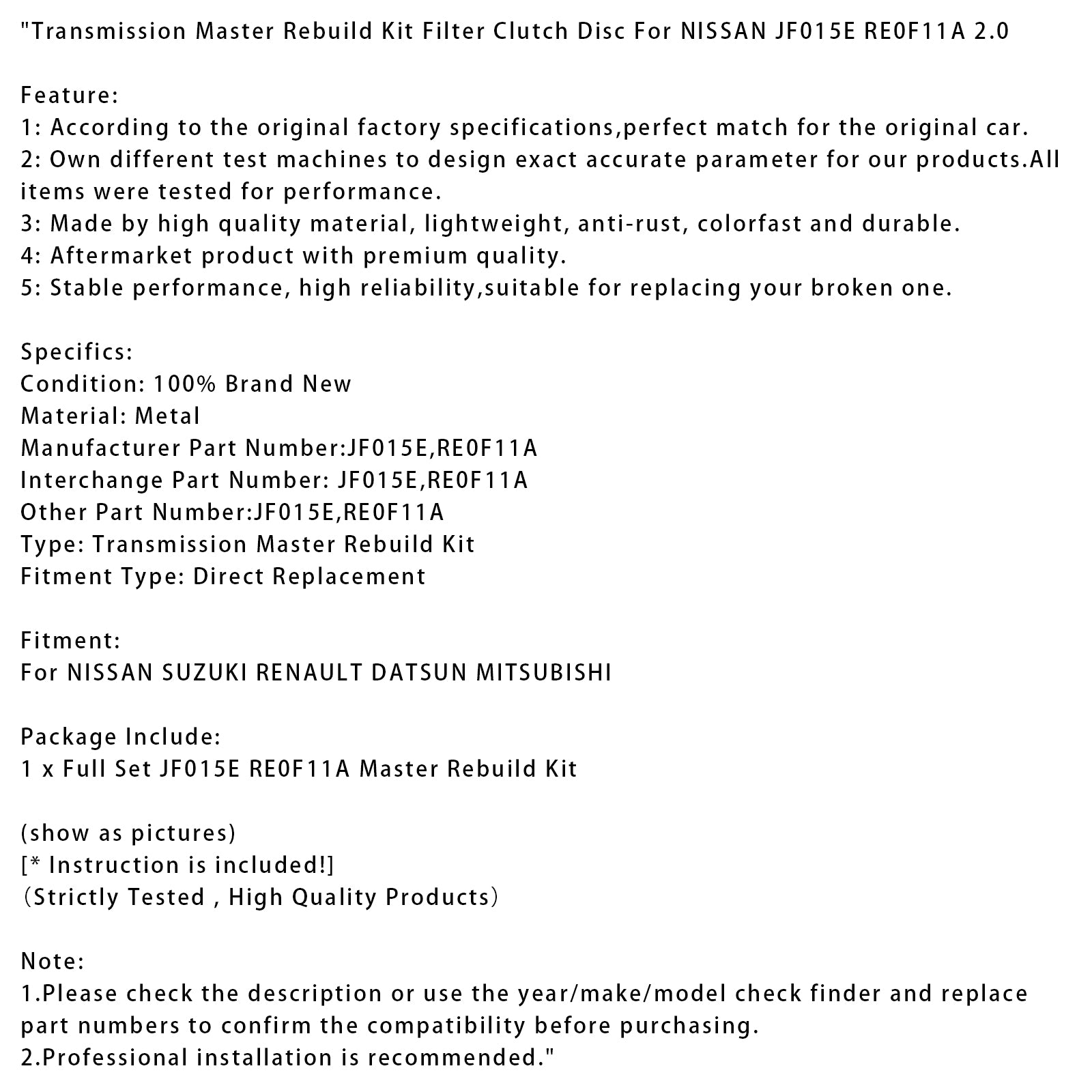 Kit de reconstrucción maestra de transmisión, disco de embrague de filtro para NISSAN JF015E RE0F11A 2,0