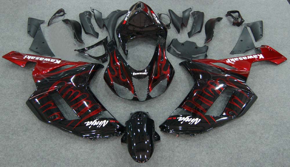 2007-2008 Kawasaki ZX6R ZX636 Fairings Black & Red Flame Ninja Racing Generic