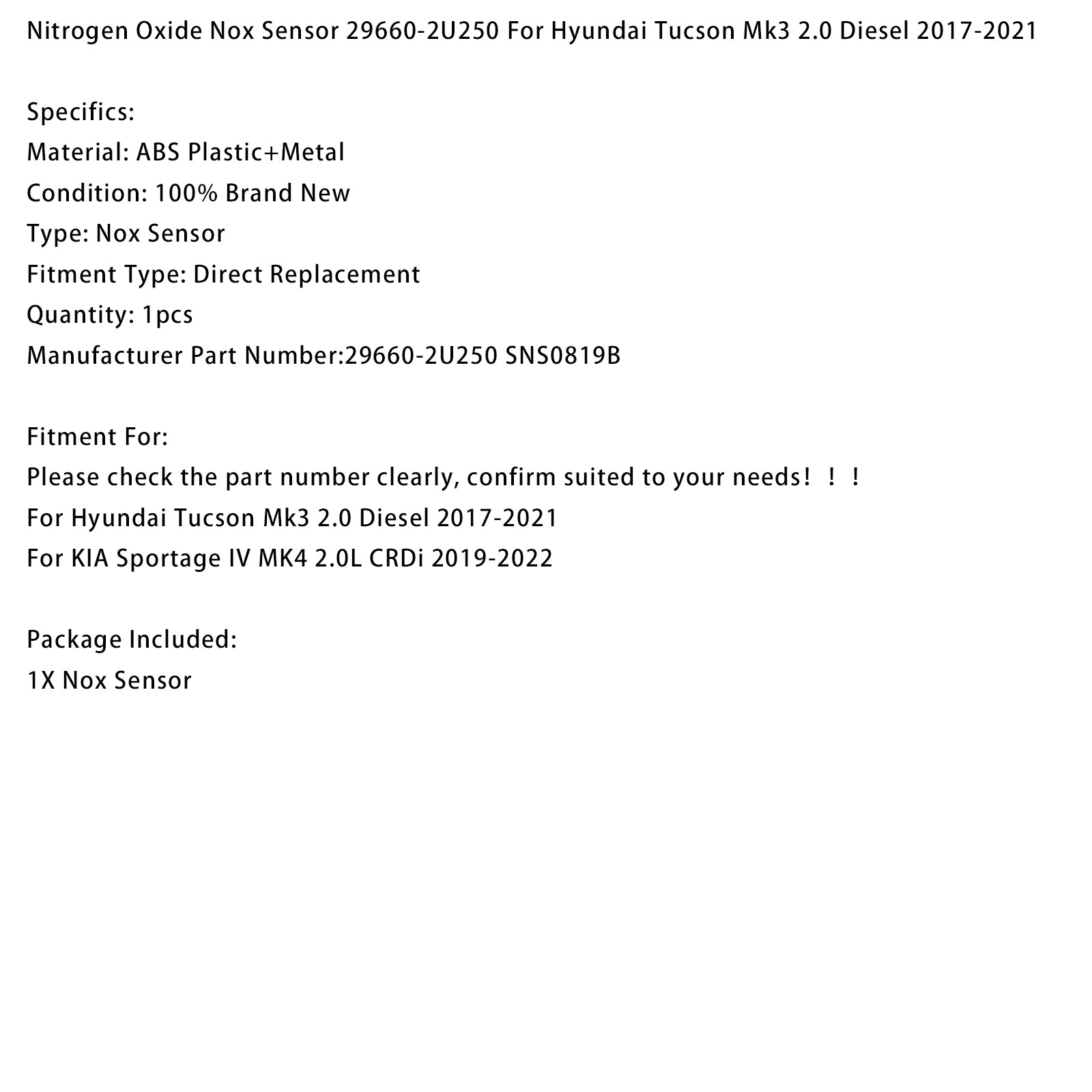 Nox Sensor 29660-2U250 For Hyundai Tucson Mk3 2.0 Diesel 2017-2021