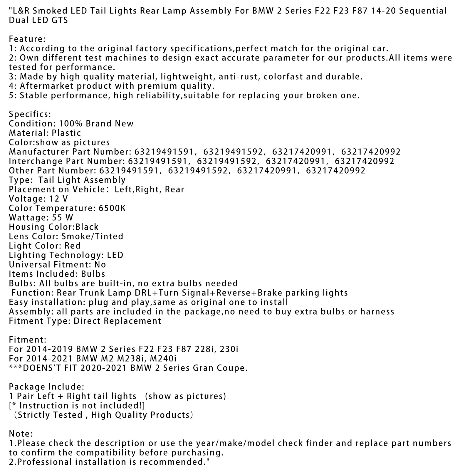 L&Zadné svetlá R s dymovými LED diódami pre BMW 2 F22 F23 F87 14-20