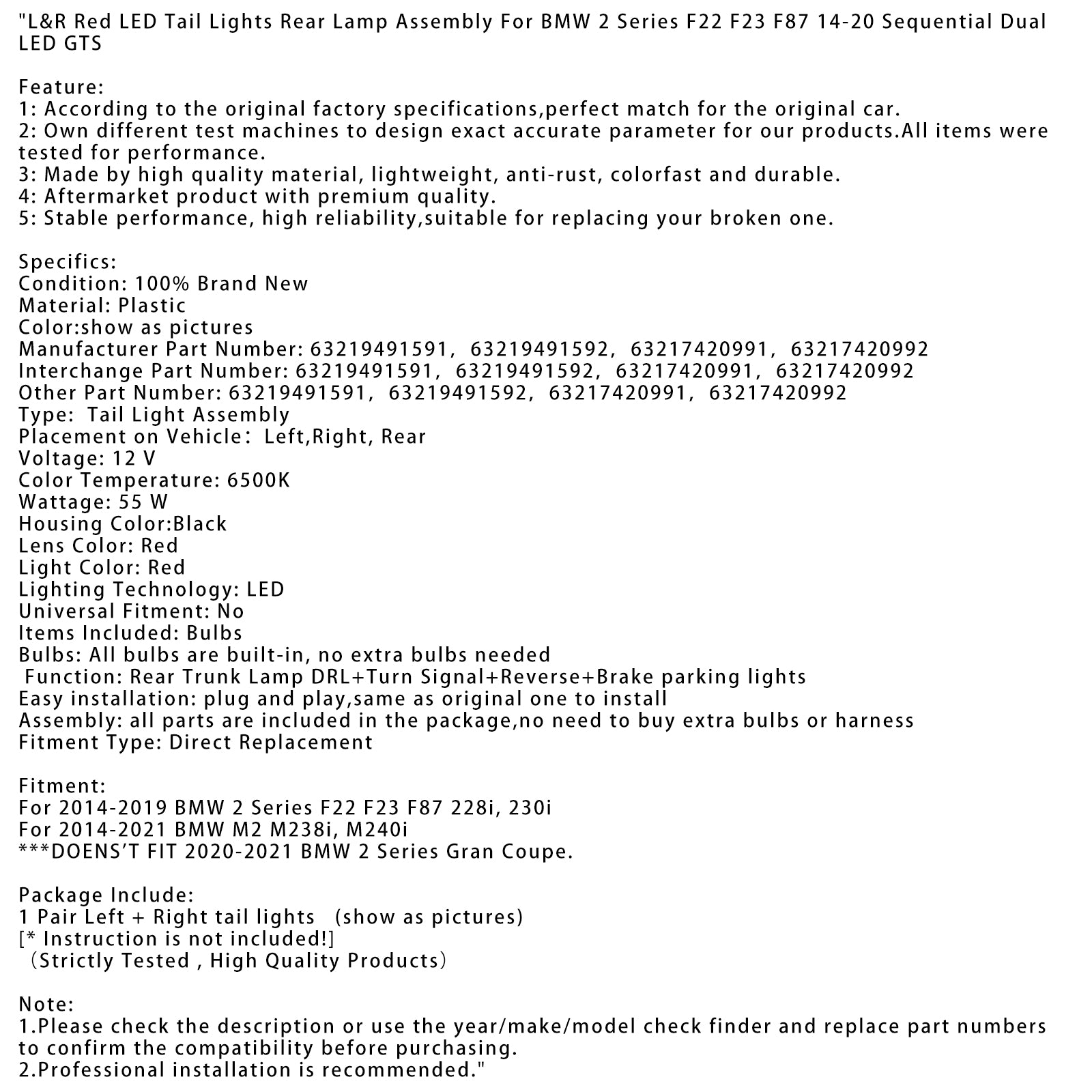 BMW Série 2 F22 F23 F87 228i, 230i L 2014-2019&Conjunto de lanternas traseiras LED vermelhas R 63219491591