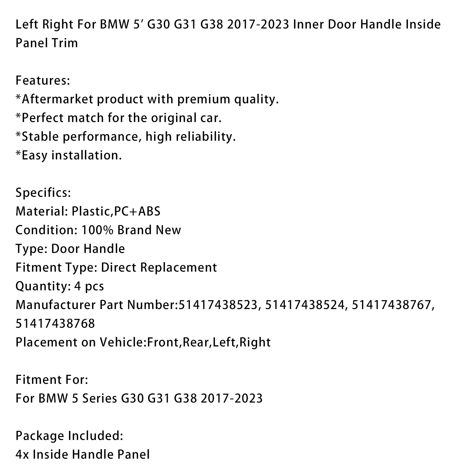 Inner Door Handle Inside Panel Trim For BMW 5 Series G30 G31 G38 2017-2023