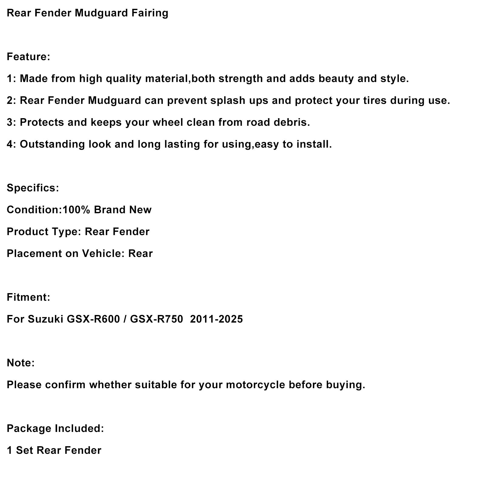 For Suzuki GSX-R600 2011-2025 Rear Fender Mudguard Fairing