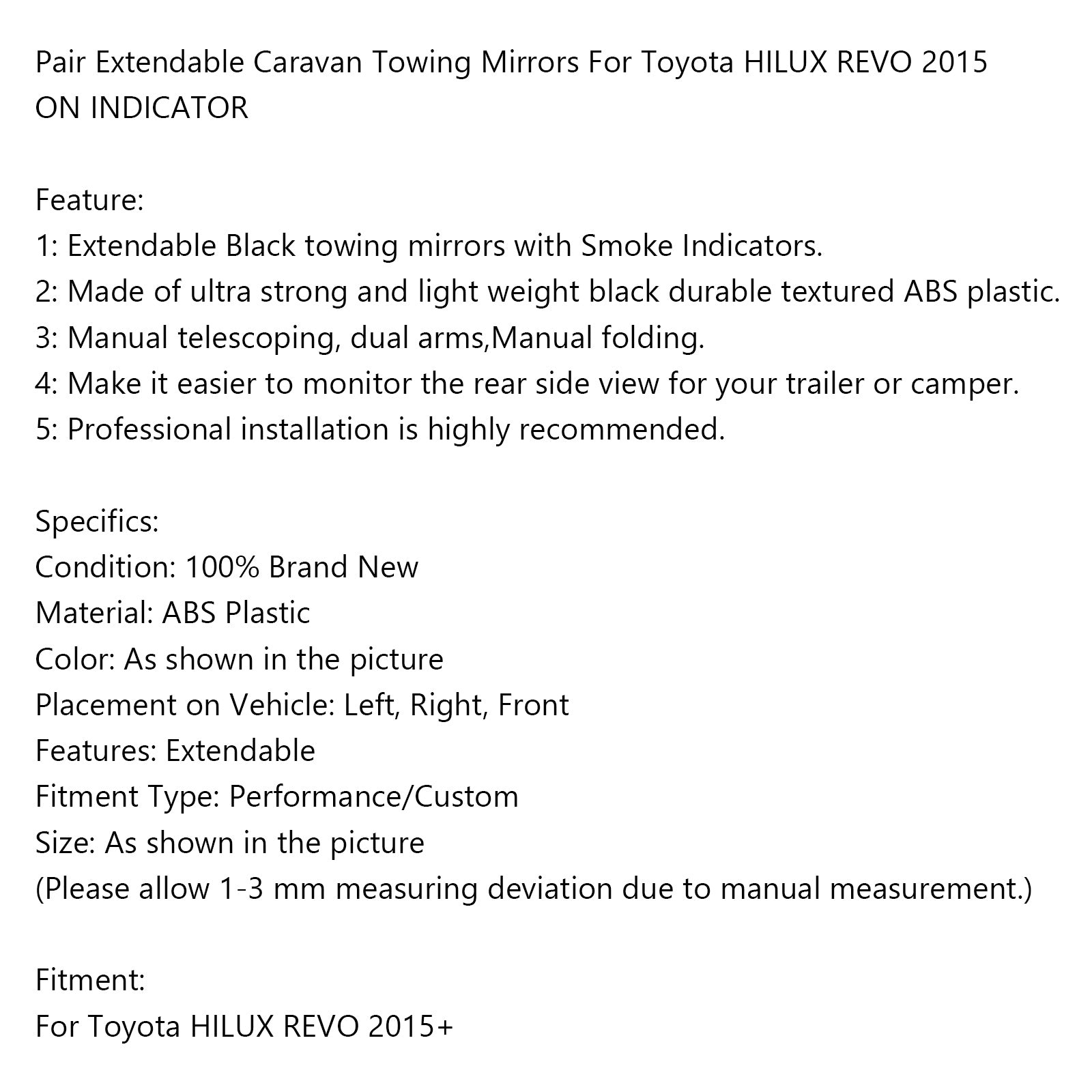 Pair Extendable Caravan Towing Mirrors For Toyota HILUX REVO 2015 ON INDICATOR