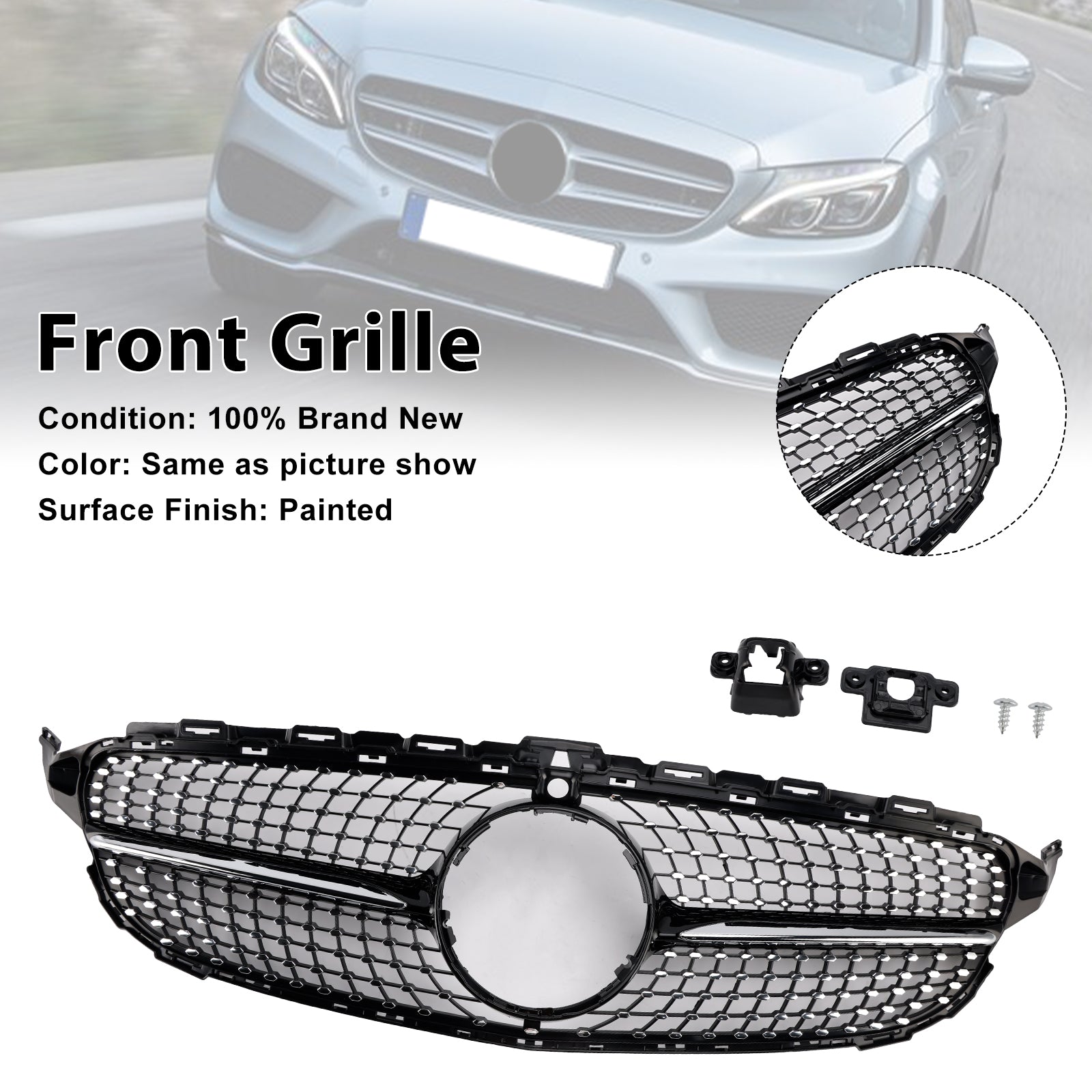 Diamond Front Grille Fit Benz C-Klasse W205 C250 C300 C400 2015-2018
