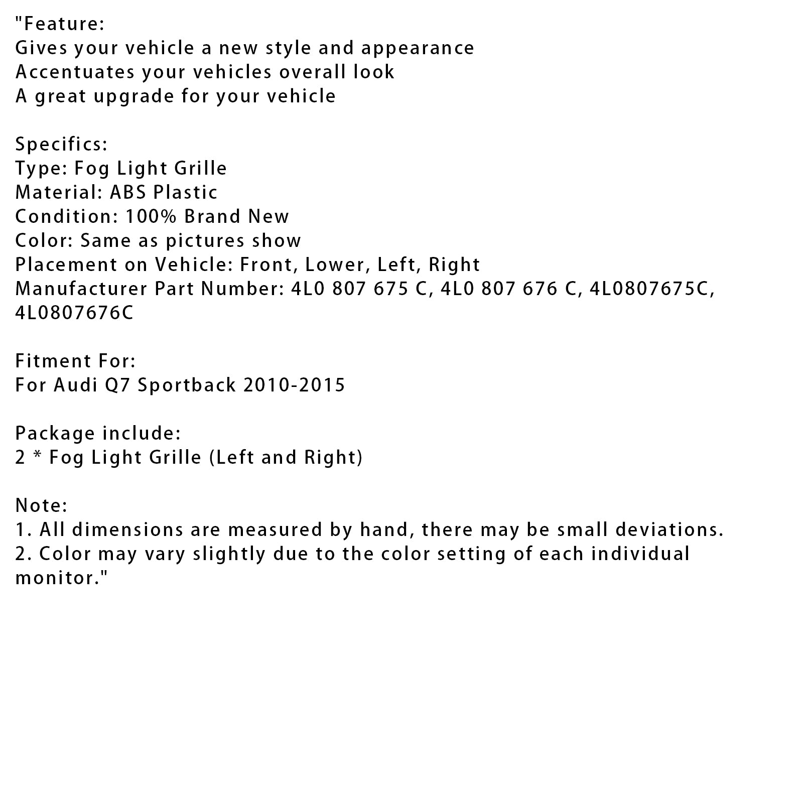 2010-2015 Audi Q7 Sportback 2st Front Bumper Fog Light Grill Lamp Cover