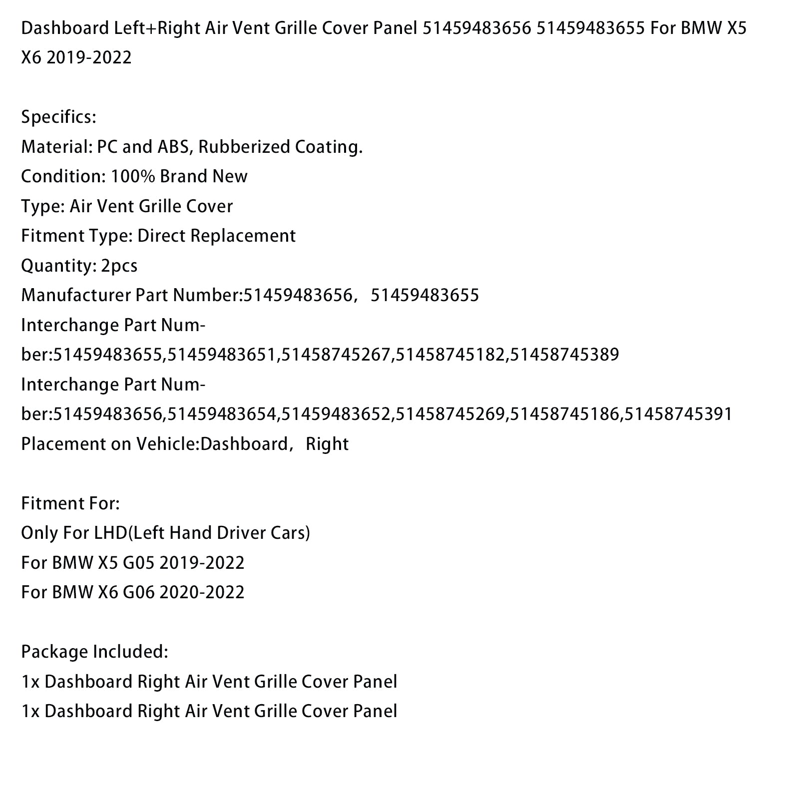 Dashboard Left+Right Air Vent 51459483656 51459483655 For BMW X5 X6 2019-2022
