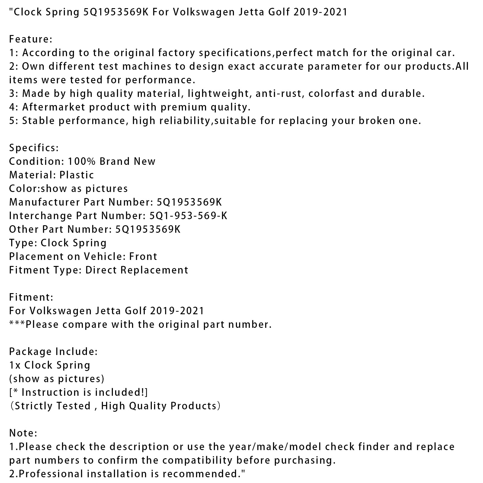 2019-2021 Volkswagen Jetta Golfklockfjäder 5Q1953569K