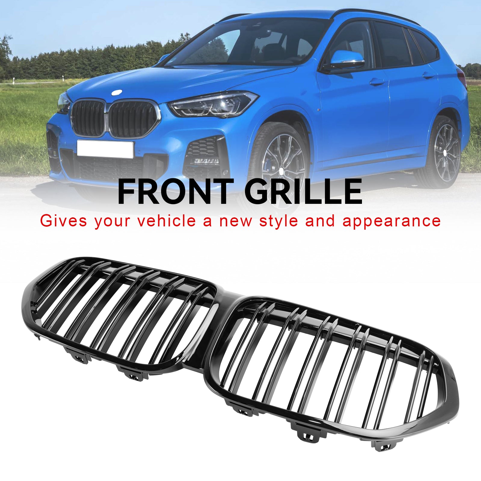 2019-2021 BMW X1 F48 F49 Grille de calandre avant noire brillante à double lamelles