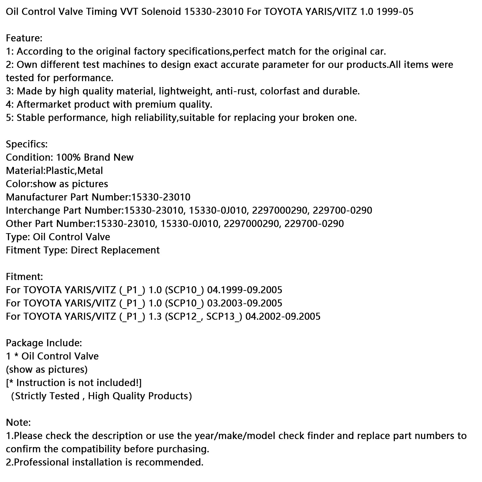 Časovanie na riadenie oleja VVT solenoid 15330-23010 pre Toyota Yaris 1999-05