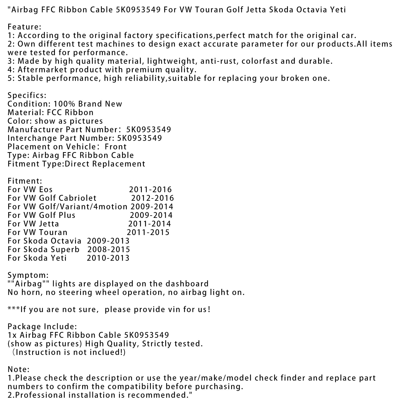 2011-2016 VW Eos Airbag FFC Ribbon Cable 5K0953549
