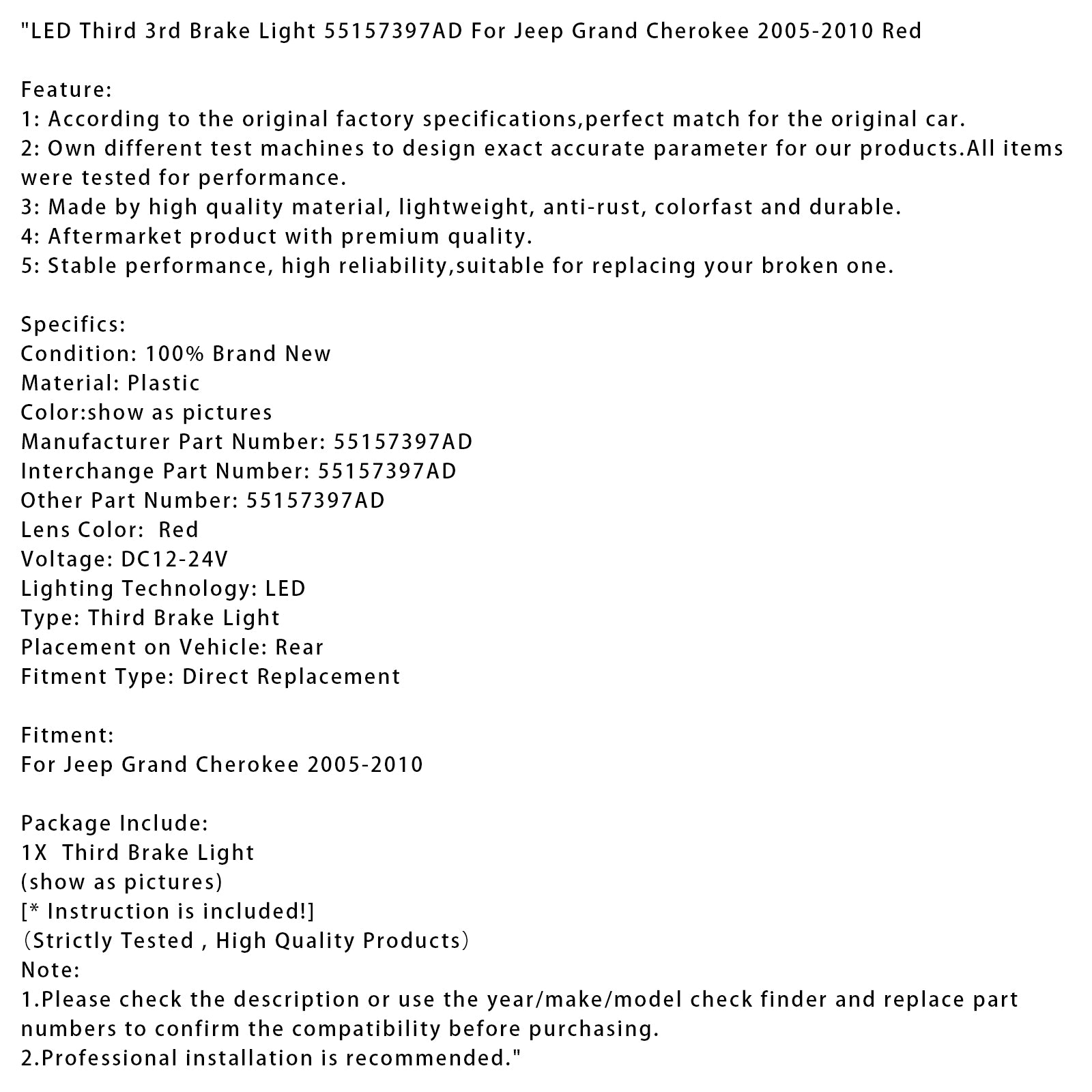 2005-2010 Jeep Grand Cherokee liderou a terceira luz do freio 55157397AD RED