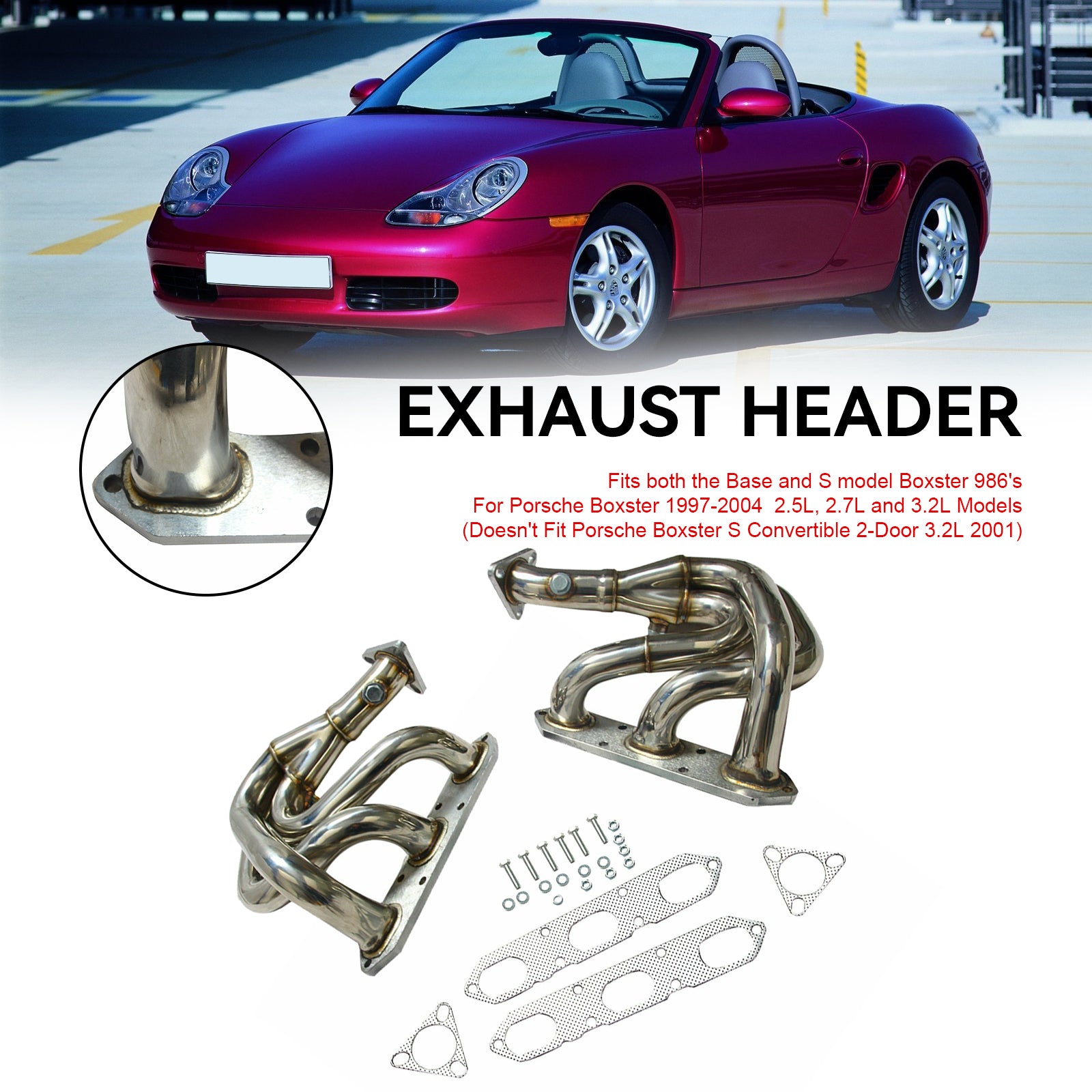 Coletor de escape de aço inoxidável compatível com Porsche Boxster 986 2.5L & 2.7L 1997-2004