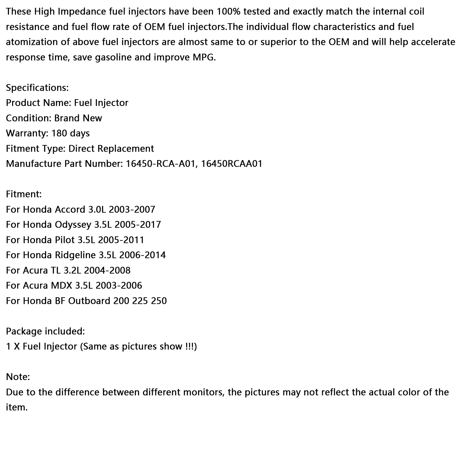 1PCS Fuel Injector 16450-RCA-A01 Fit Honda MDX TL Accord Pilot Fit Acura
