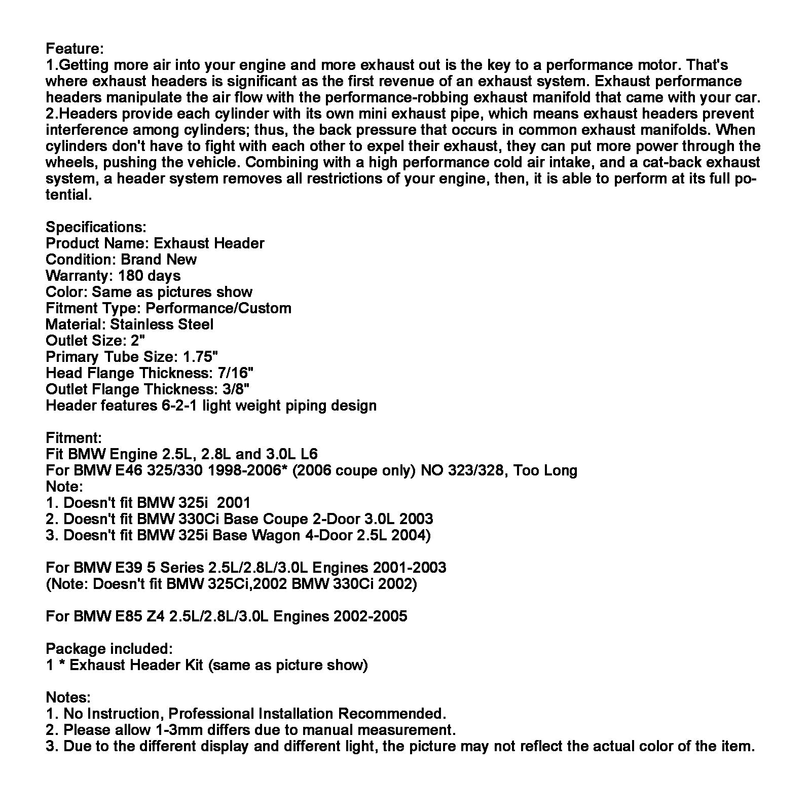 Exhaust Header Manifold fit BMW E46 E39 Z4 2.5L 2.8L 3.0L L6 2001-2006