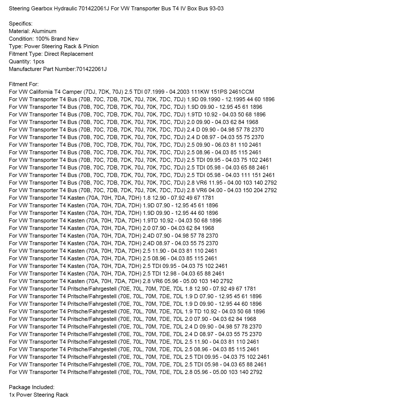 Styrväxellåda Hydraulisk 701422061J För VW Transporter Bus T4 IV Box 93-03
