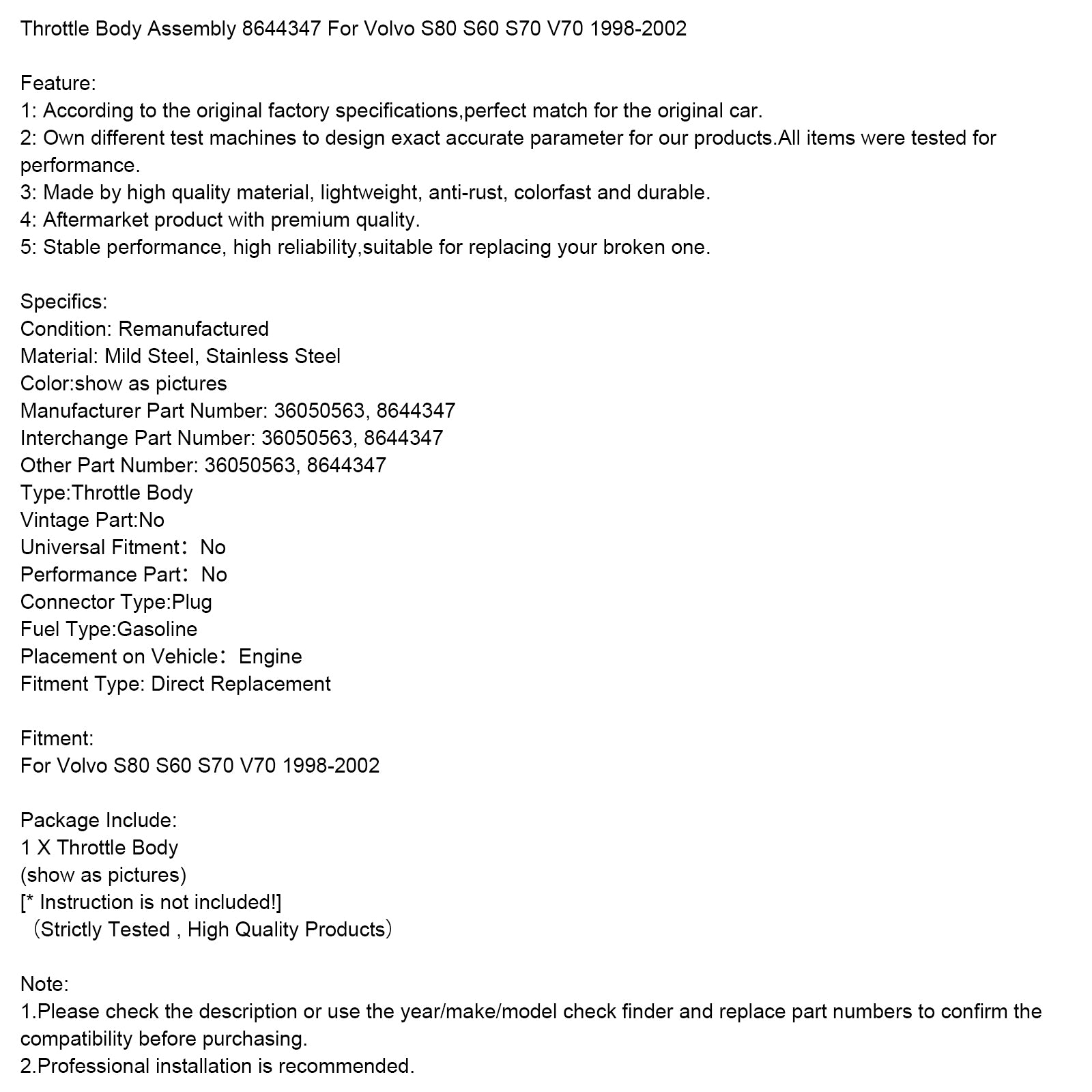 1998-2002 Volvo S80 S60 S70 V70 Throttle Body Assembly 8644347