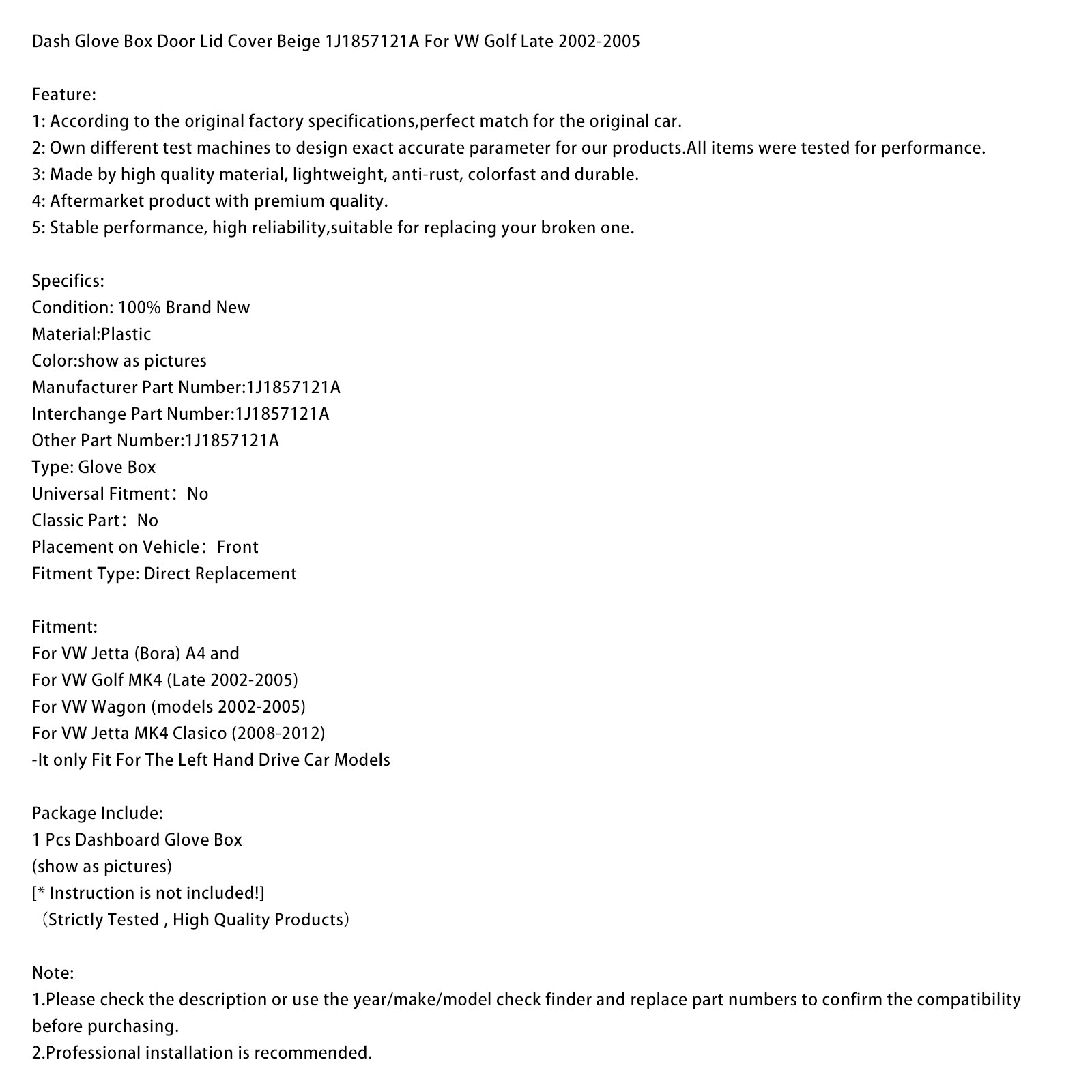 Dash Glove Box Door Lid Cover Beige 1J1857121A For VW Golf Late 2002-2005