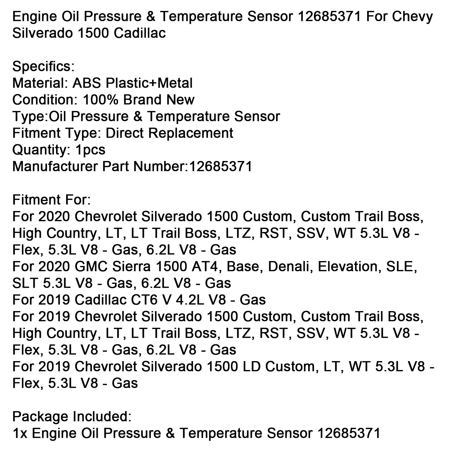 Motoroliedruk & Temperatuursensor 12685371 voor Chevy Silverado Cadillac
