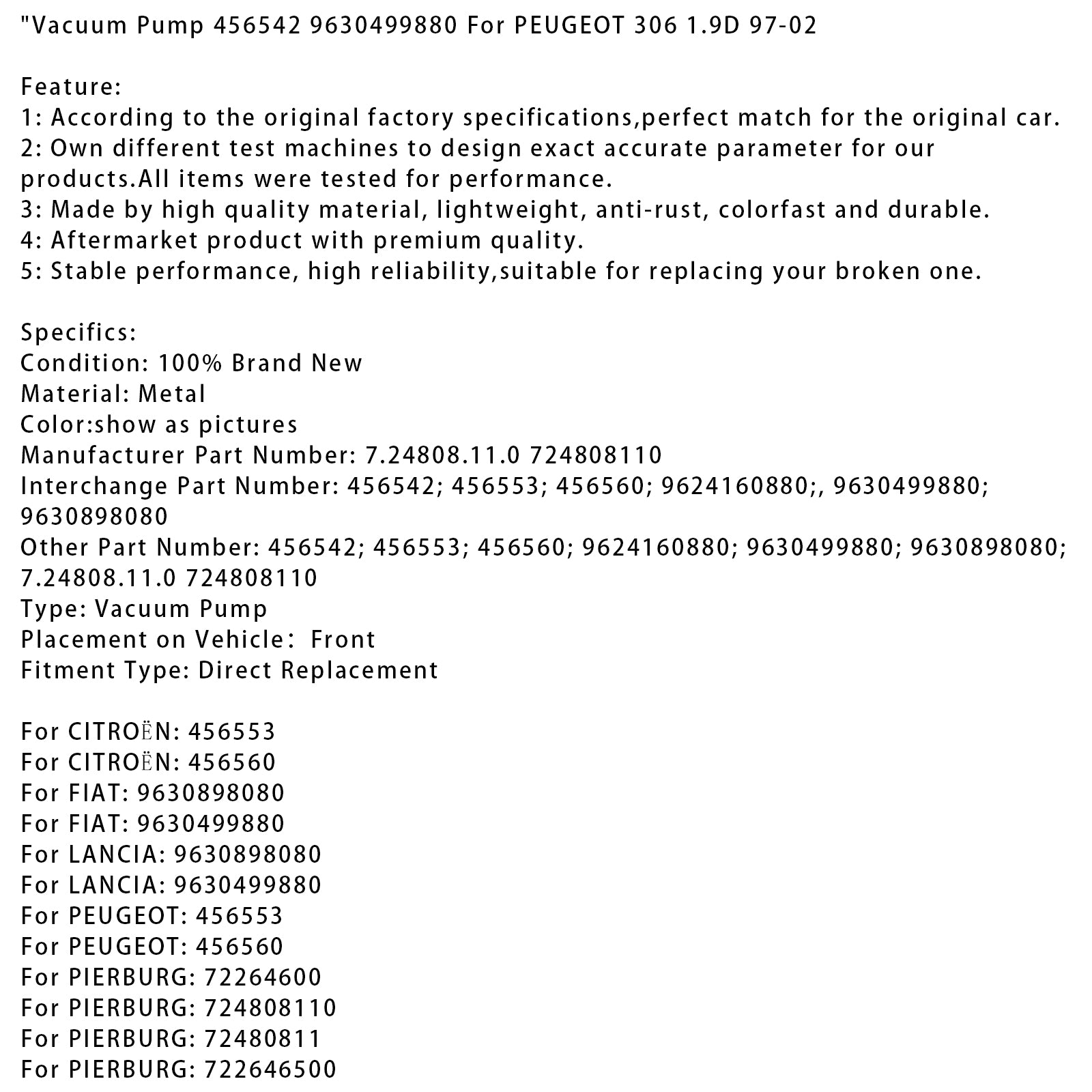 1997-2002 Peugeot 306 1,9d Vakuumpumpe 456542 9630499880