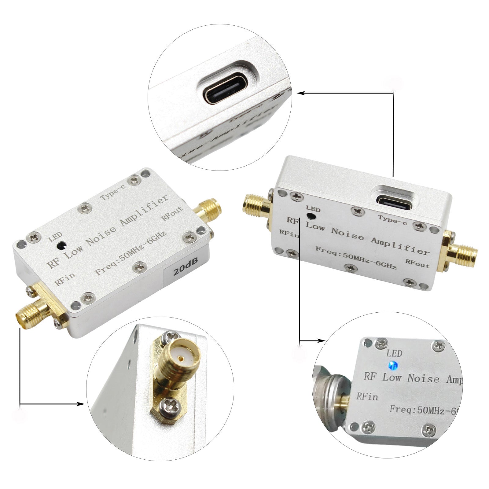 50m-6GHz Radiofrequentieversterker 20dB 30dB High-Gain Front LNA Signaal met laag geluidsniveau