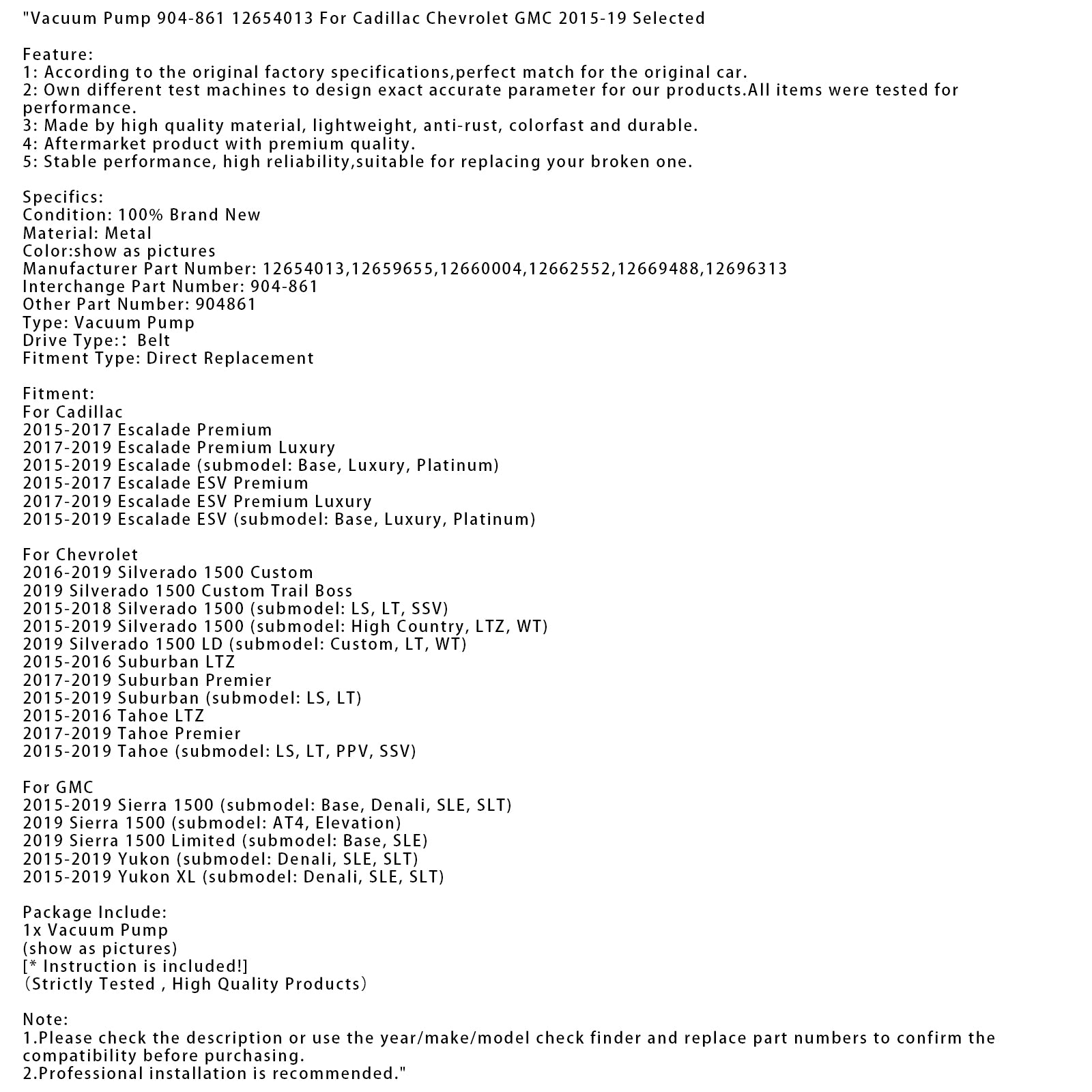 2015-2016 Chevrolet Tahoe LTZ vakuumpump 904-861 12654013 12659655 904-861