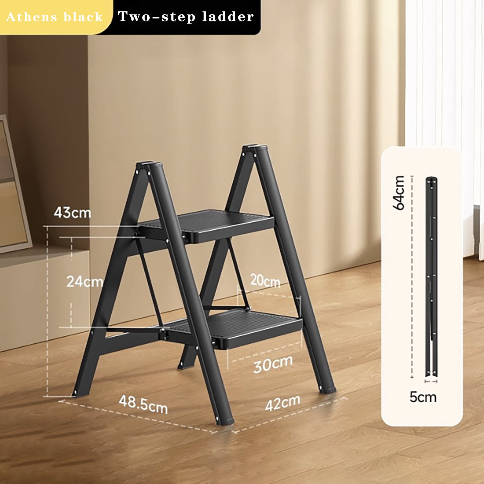 Stepladder, 2 Tiers, Foldable, Aluminum, Wide, Lightweight, Compact, Ladder