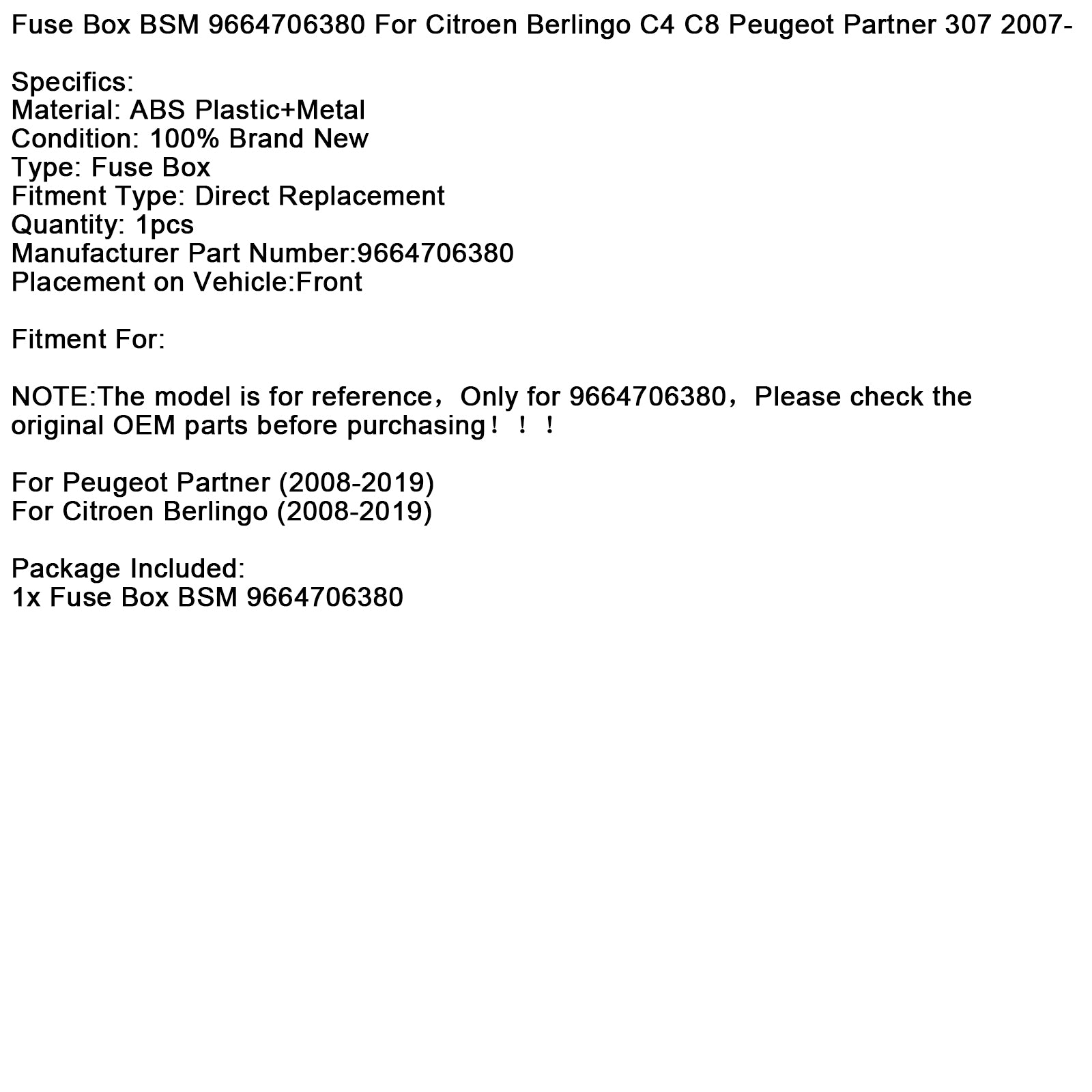 2008-2019 Citroen Berlingo C4 C8 Peugeot Partner 307 Zekeringkast BSM 9664706380