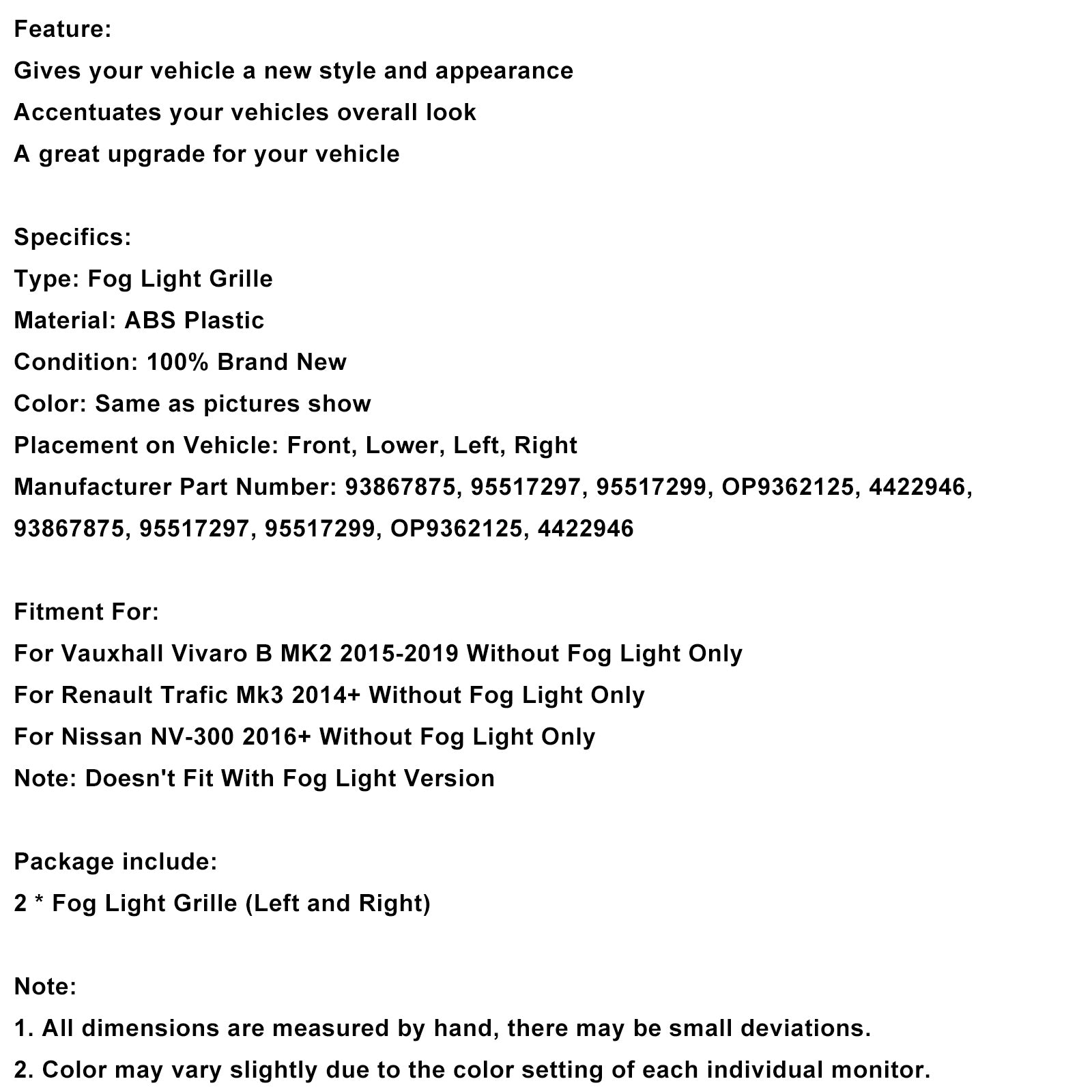 2 Stuks Voorbumper Mistlamp Cover Grille Fit Vauxhall Vivaro B MK2 2015-2019