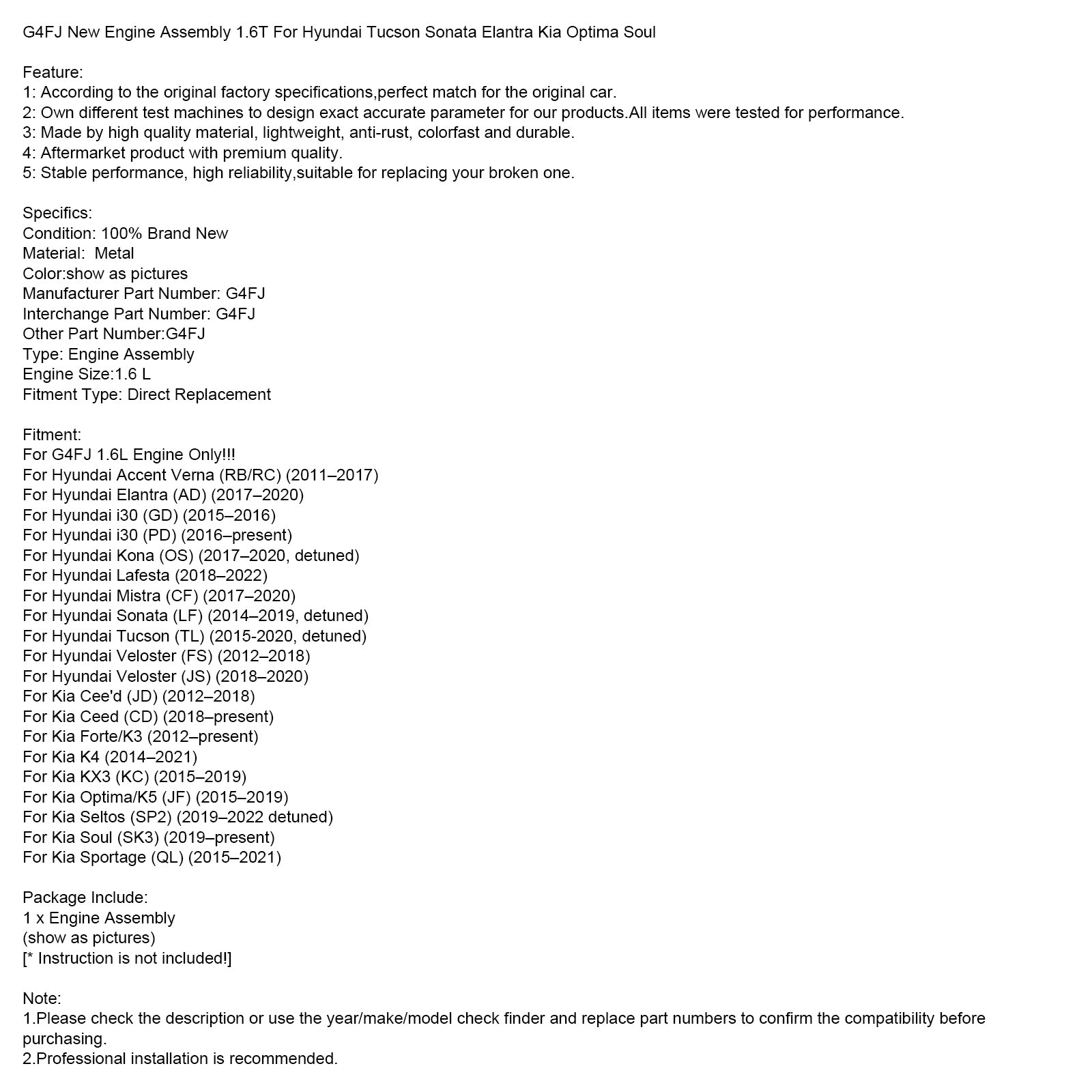 G4FJ Novo conjunto do motor 1.6t para Hyundai Tucson Sonata Elantra Kia Optima Soul