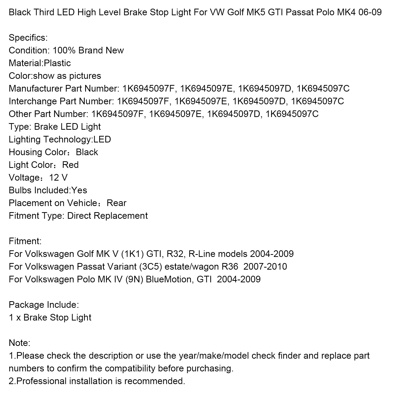 Tercera luz LED de freno de alto nivel negra para VW Golf MK5 GTI Passat Polo MK4