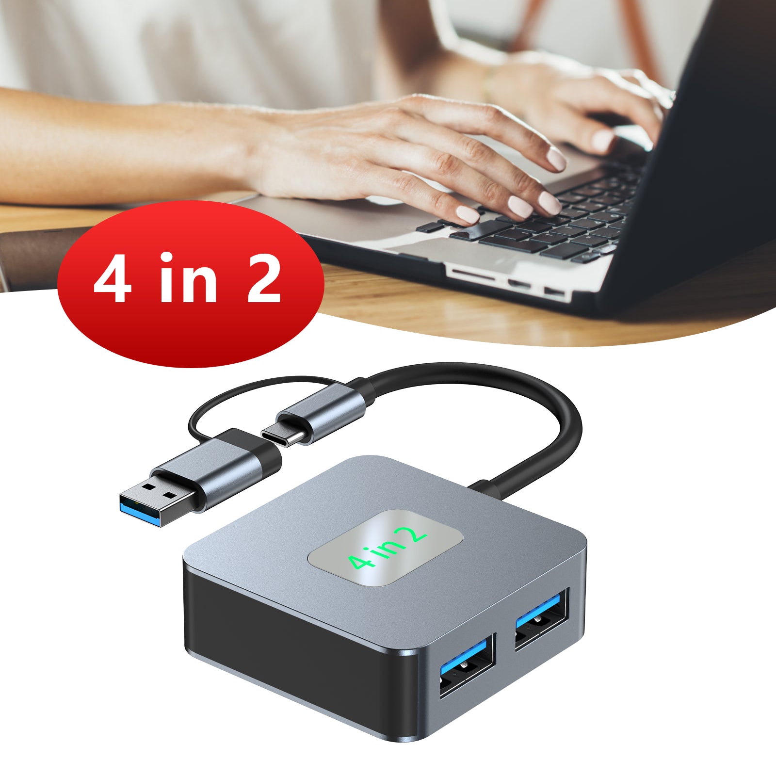 4 in 2 Type-C + USB to USB3.2*4 Interface Hub Adapter Dock for MacBook iPad 15