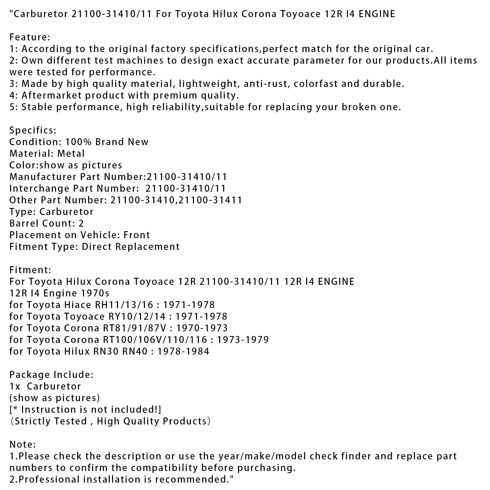 Karburátor 21100-31410/11 pre Toyota Hilux Corona Toyoace 12R i4 motor