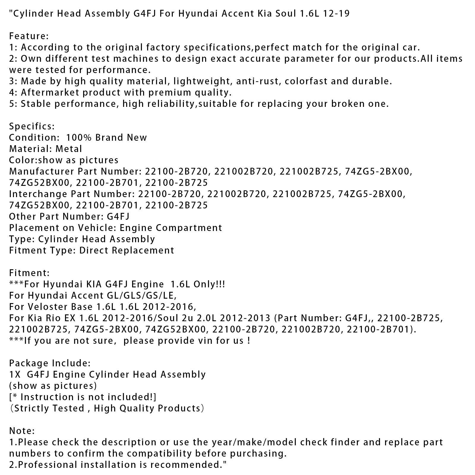 Sylinderhodeforsamling G4FJ for Hyundai Accent Kia Soul 1.6L 2012-2019