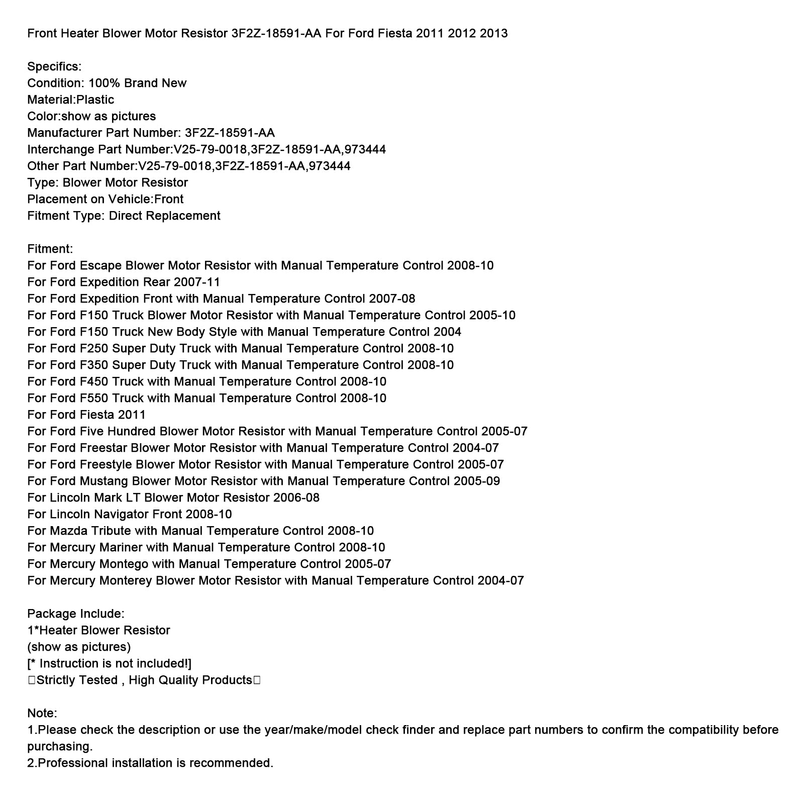 Odpor motor motora predného ohrievača 3F2Z-18591-AA pre Ford Fiesta 2011 2012 2013