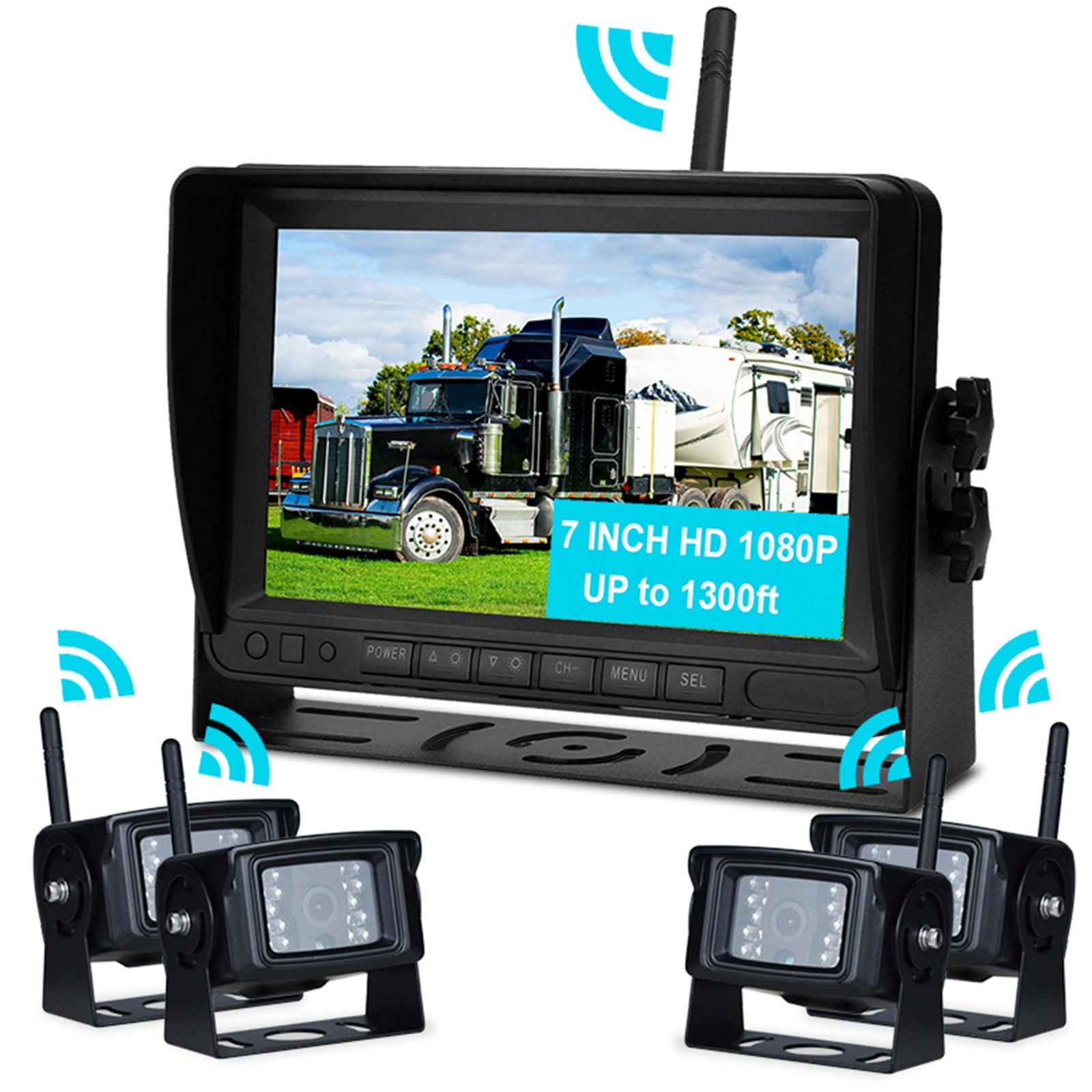 7-inch draadloos AHD 1080P-display 4CH achteruitrijcamera-set voor vrachtwagenaanhangwagen