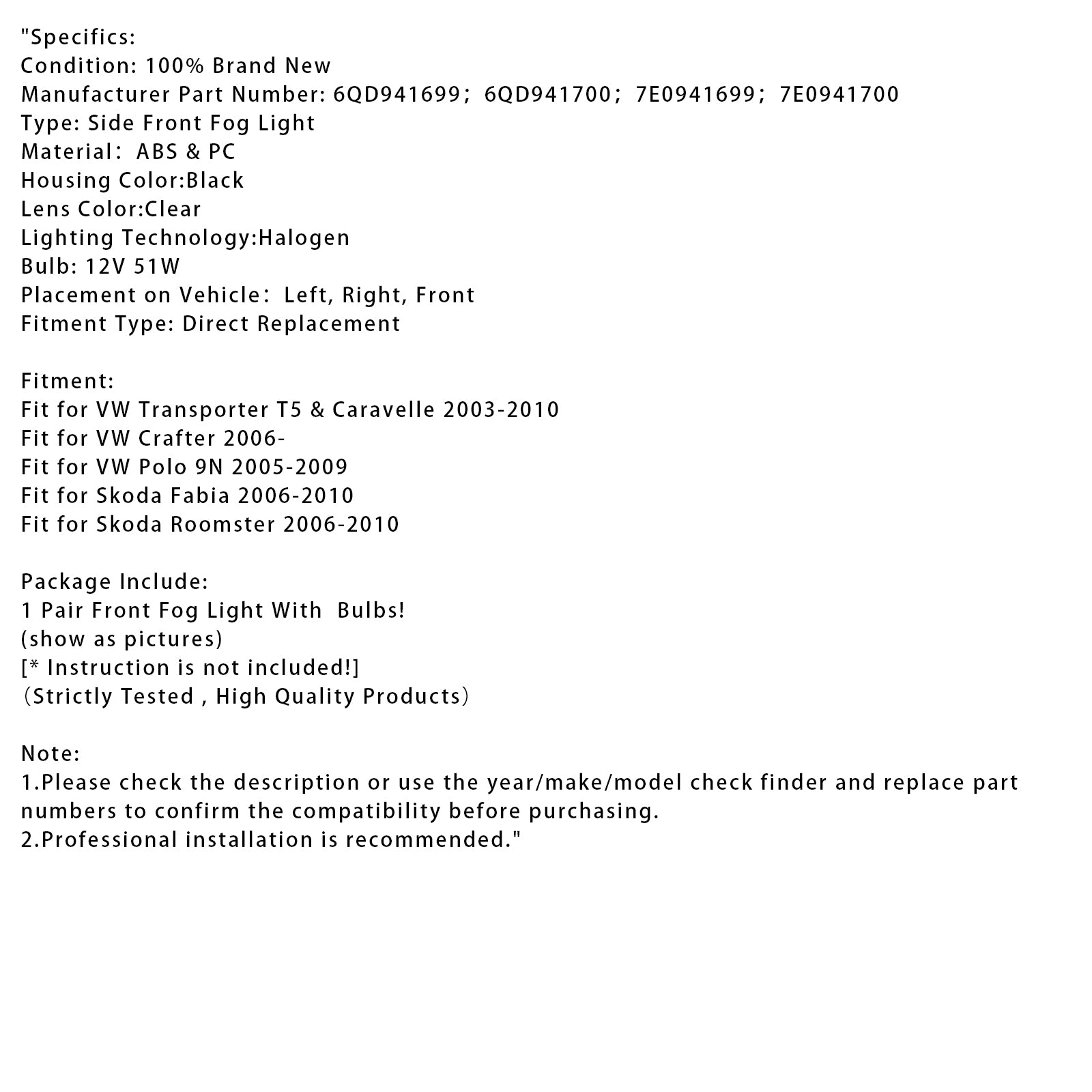 Paar mistlampen voor met lampen voor VW Transporter T5 & Caravelle 2003-2010