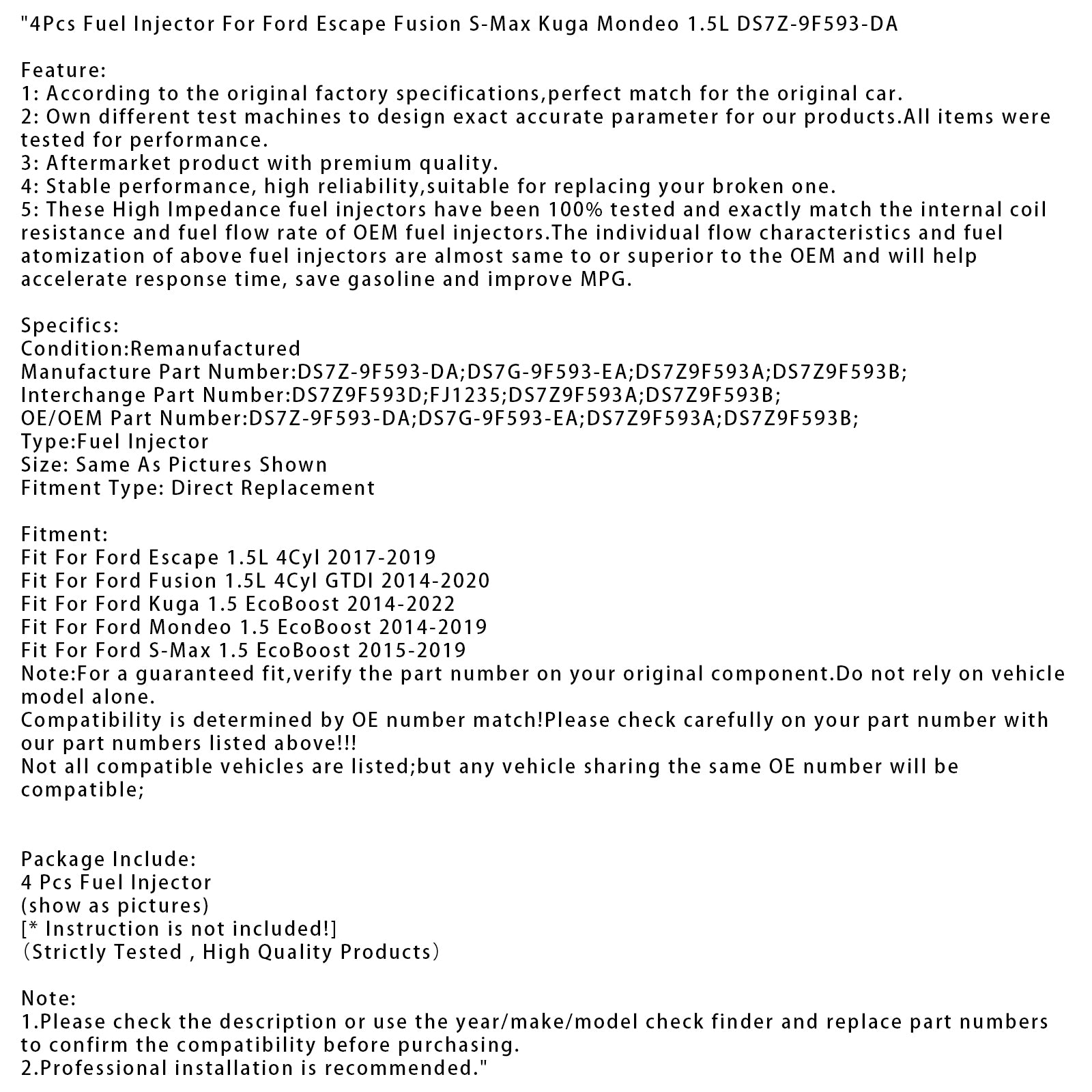 4st bränsleinsprutare för Ford Escape Fusion S-Max Kuga Mondeo 1.5L DS7Z-9F593-DA