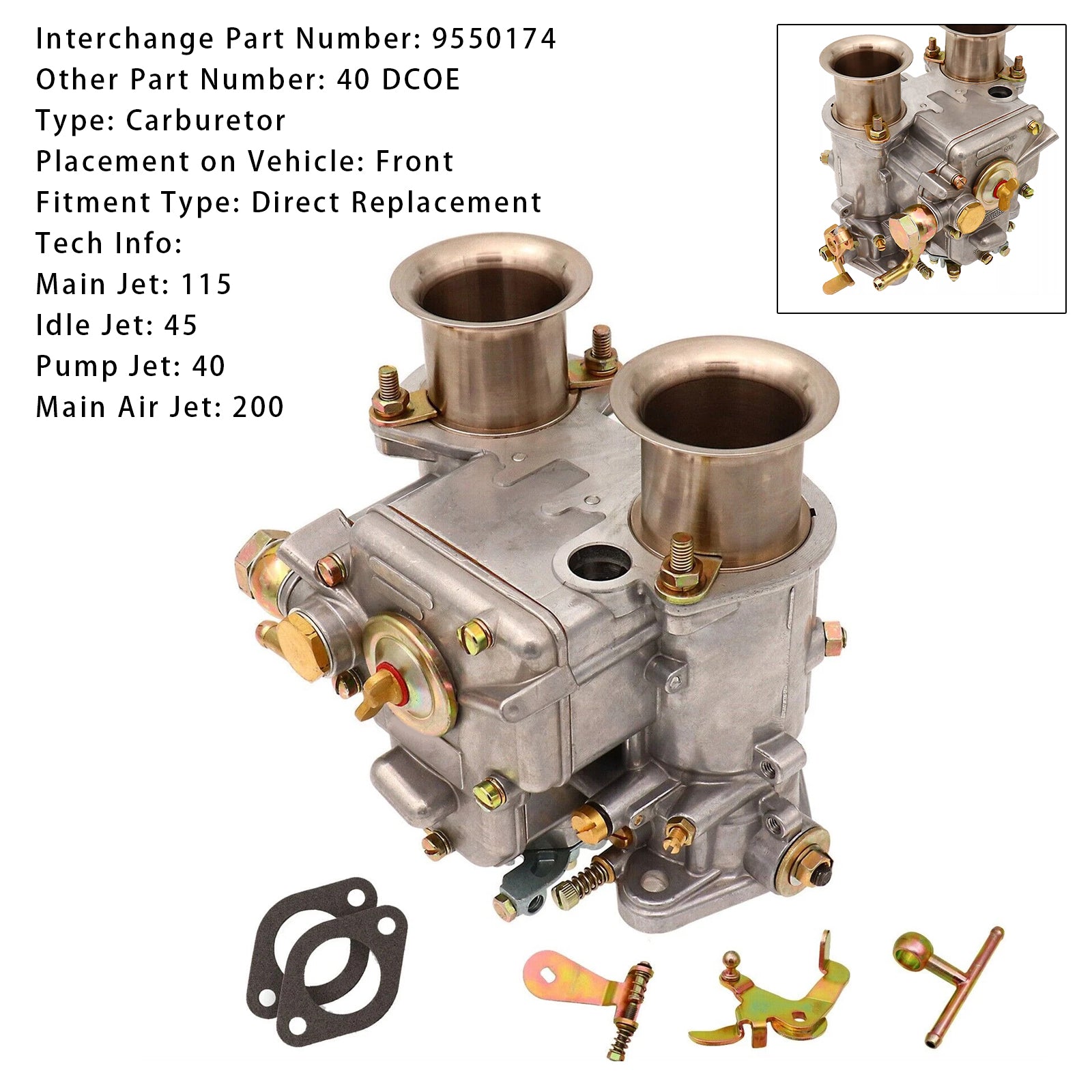 1975-1992 all VW water cooled 1.5, 1.6, 1.7, 1.8 models Carburetor 19550.174 40 DCOE Weber High Performance Twin Choke