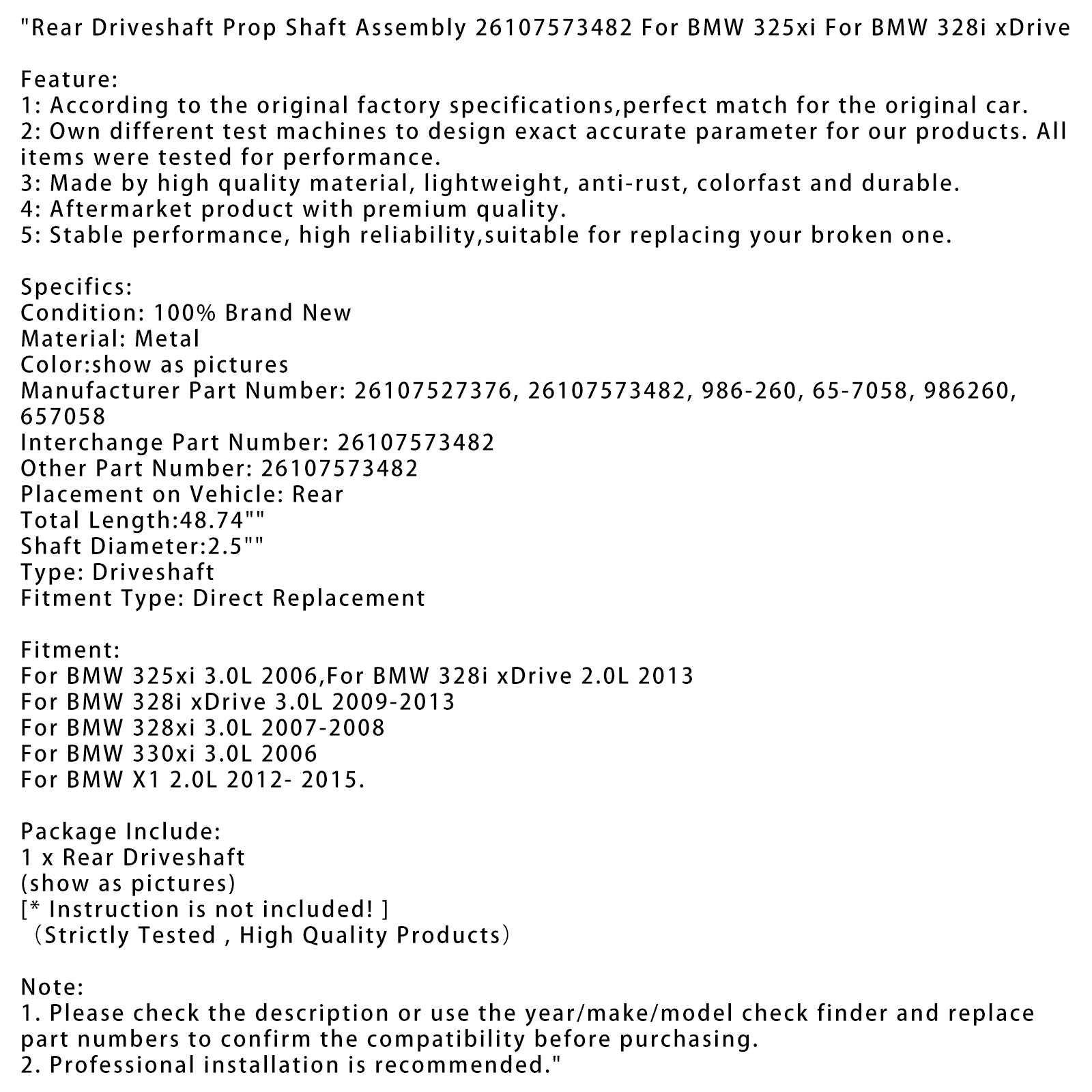 2007-2008 BMW 328xi 3.0L Achteraandrijfas Propasconstructie 26107573482 26107527376 986-260