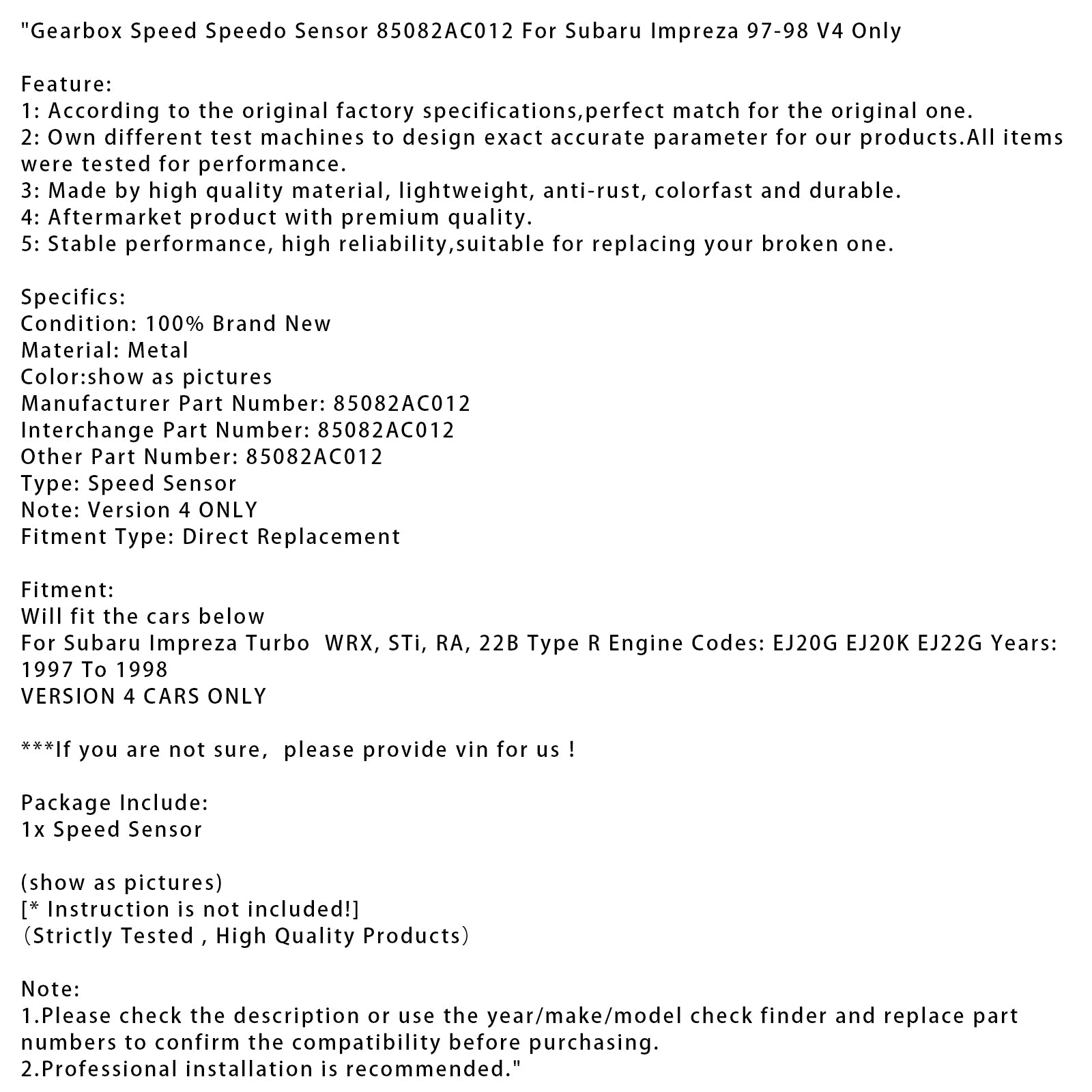 1997-1998 Subaru Impreza V4 Alleen versnellingsbaksnelheid Snelheidssensor 85082AC012
