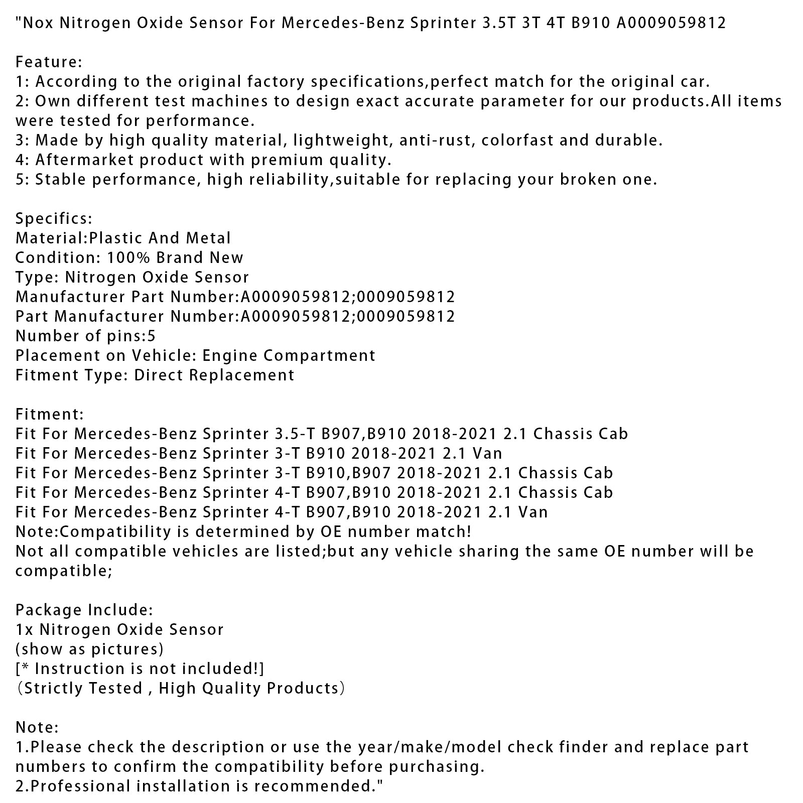 Nox Nitrogen Oxide Sensor Fit For Mercedes-Benz Sprinter 3.5T 3T 4T B910 A0009059812