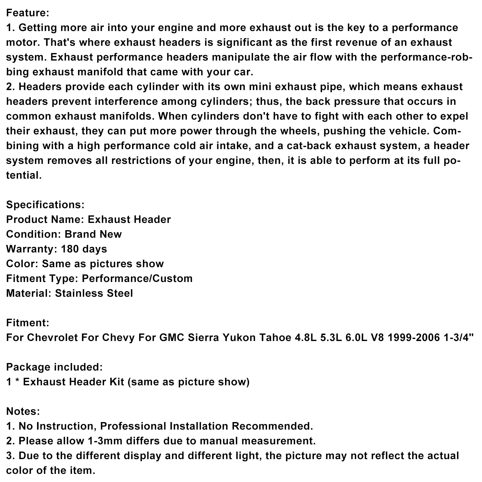Uitlaatspruitstuk header passend Chevy 1999-2006 1-3/4" GMC Sierra 4.8 5.3 6.0 V8