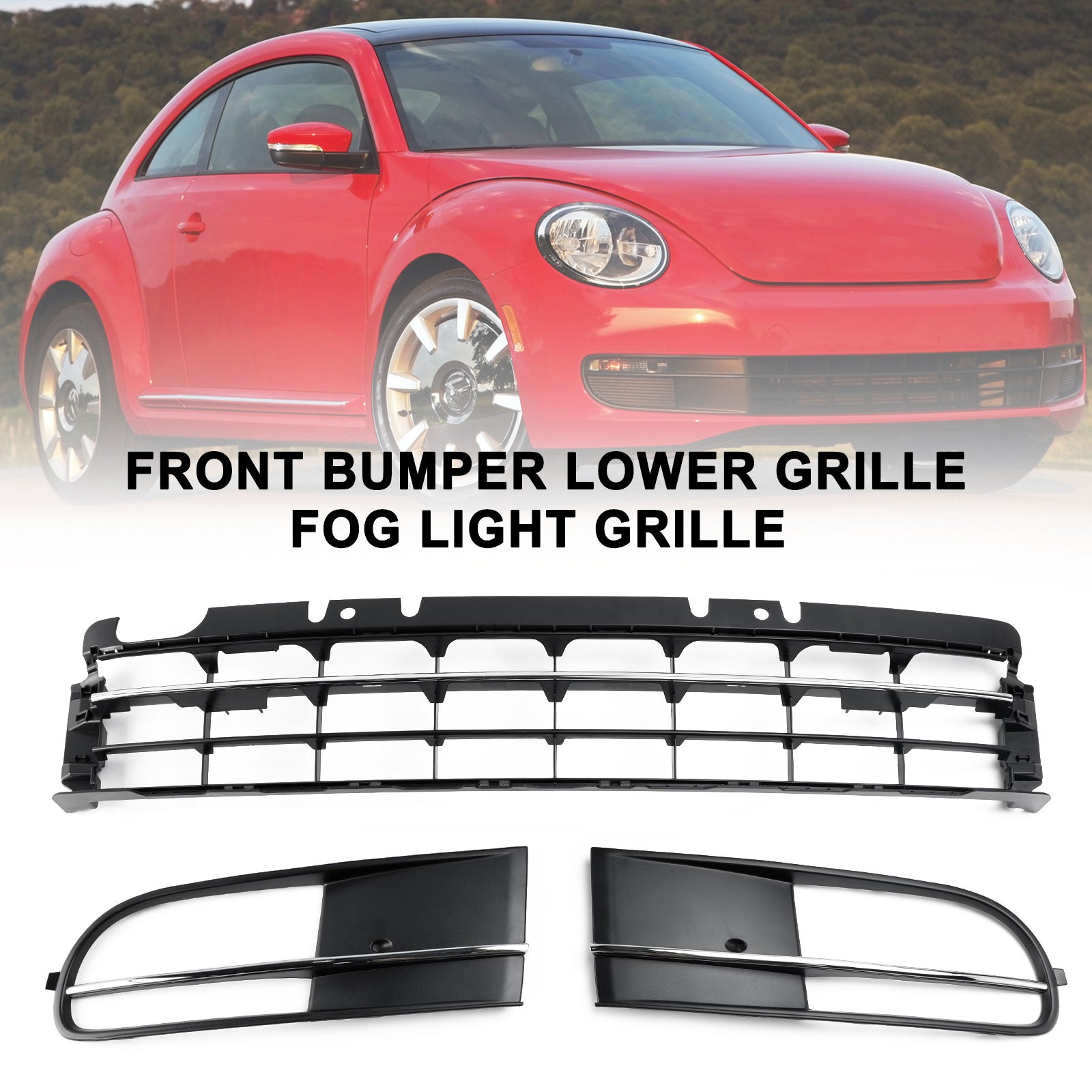 VW Beetle 2012-2016 con rejilla inferior para parachoques delantero + parrilla de luz antiniebla cromada