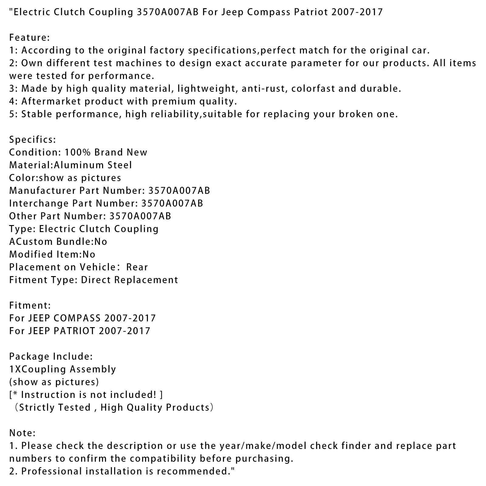 2007-2017 Jeep Patriot Electric Clutch Coupling 3570A007AB