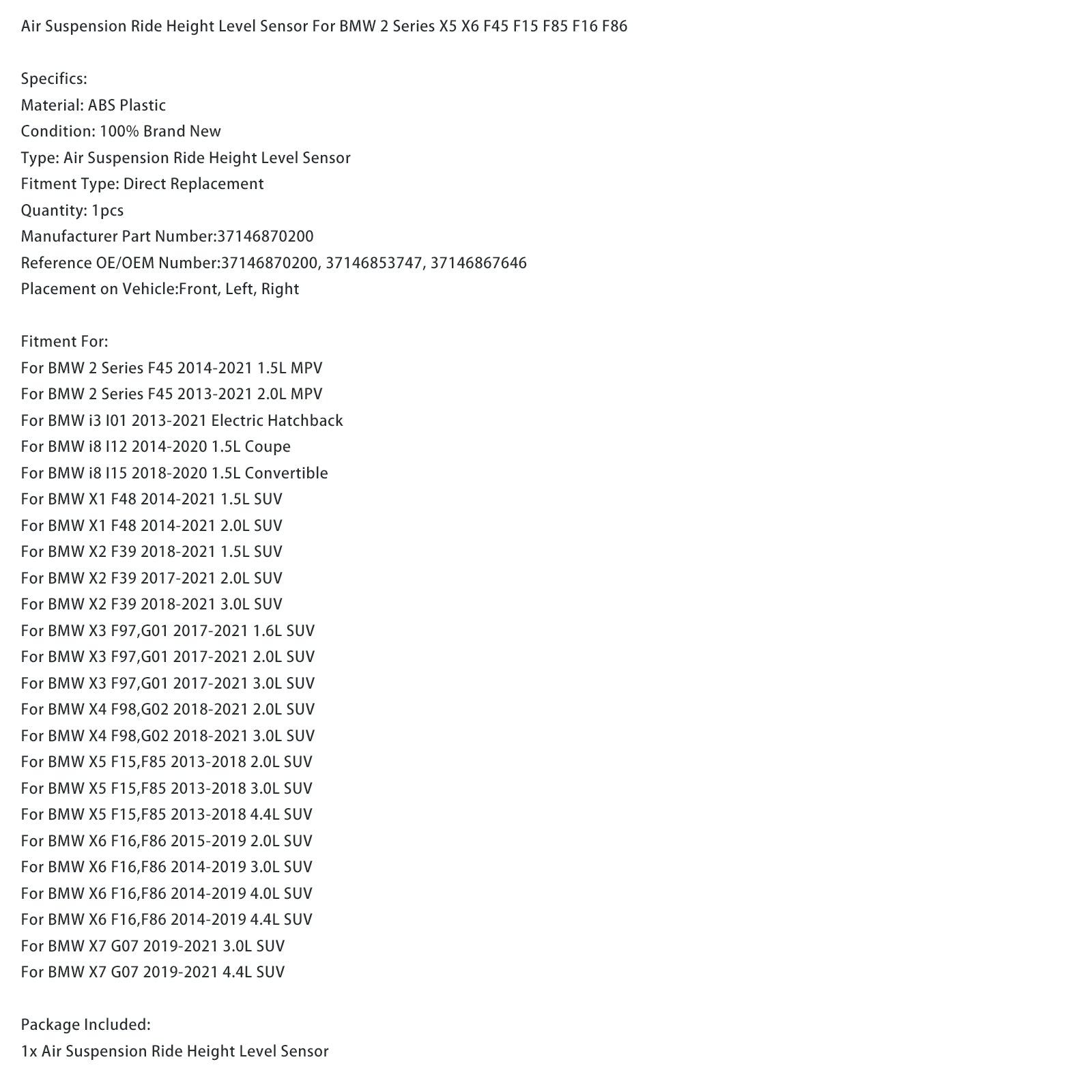 Height Level Sensor 37146870200 For BMW 2 Series X5 X6 F45 F15 F85 F16