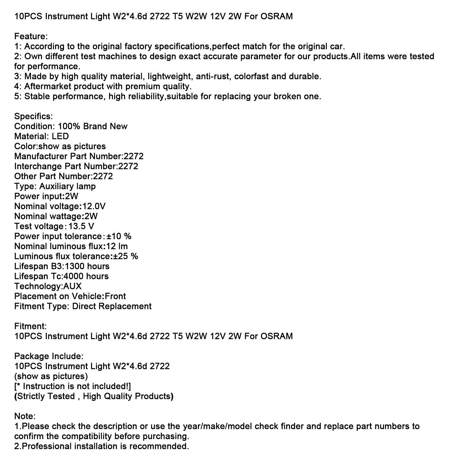10 ks prístrojových svetiel W2*4,6 dňa 2722 T5 W2W 12V 2W pre OSRAM