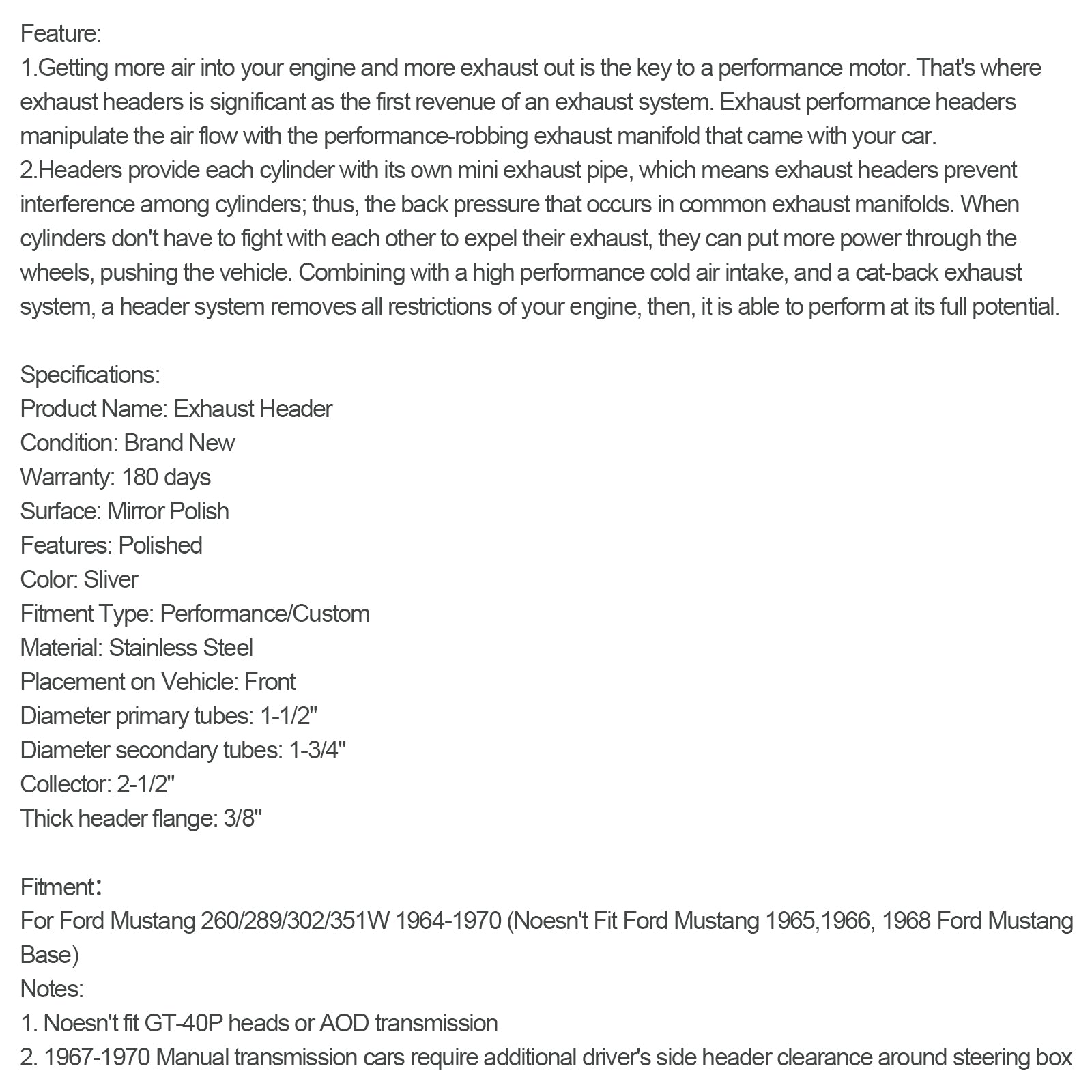 Hlavička potrubia Fit Mustang 260/289/302 V8 64-70 Tri-Y Header Nerezová oceľ