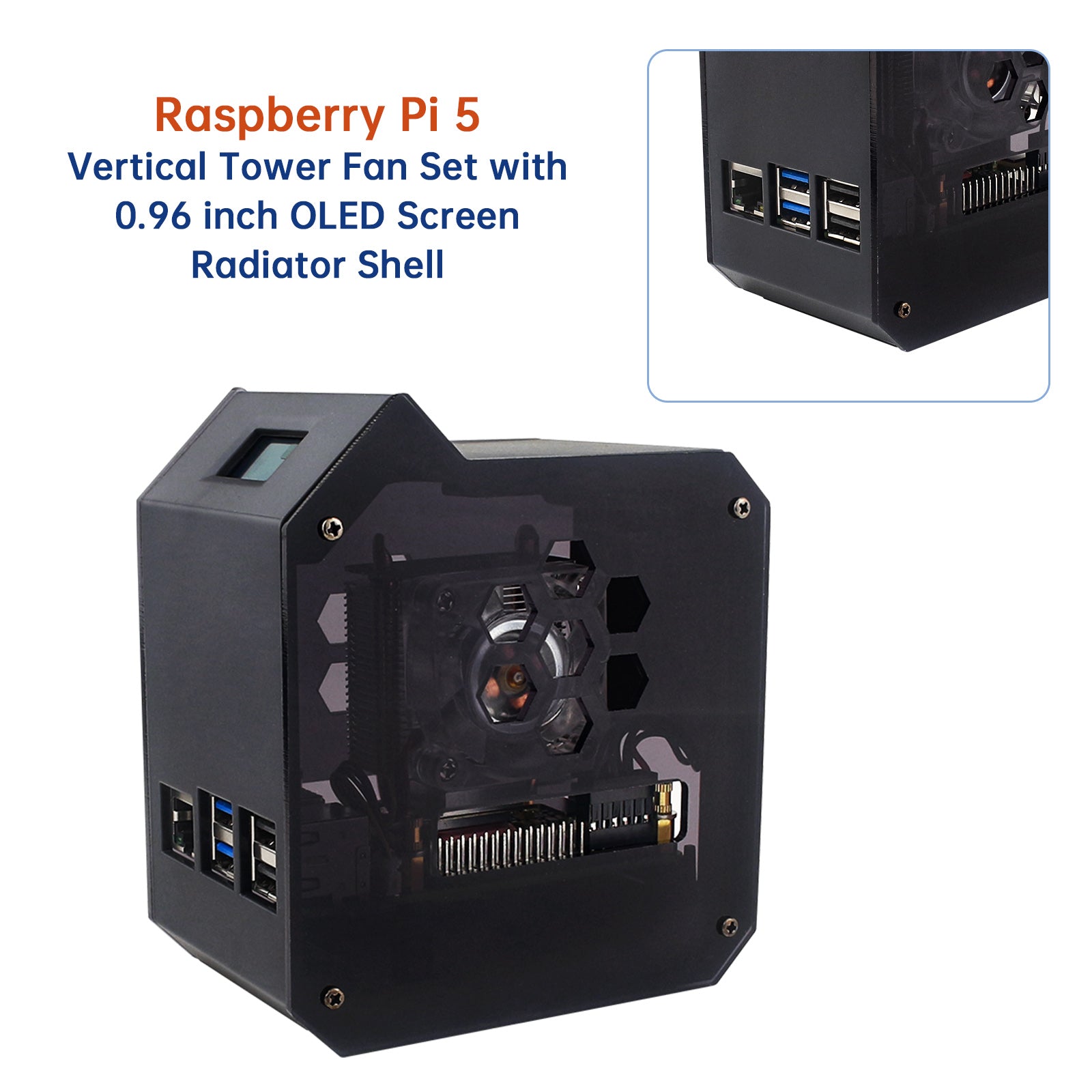 Raspberry Pi 5 verticale torenventilatorset met 0,96 inch OLED-schermradiatorbehuizing